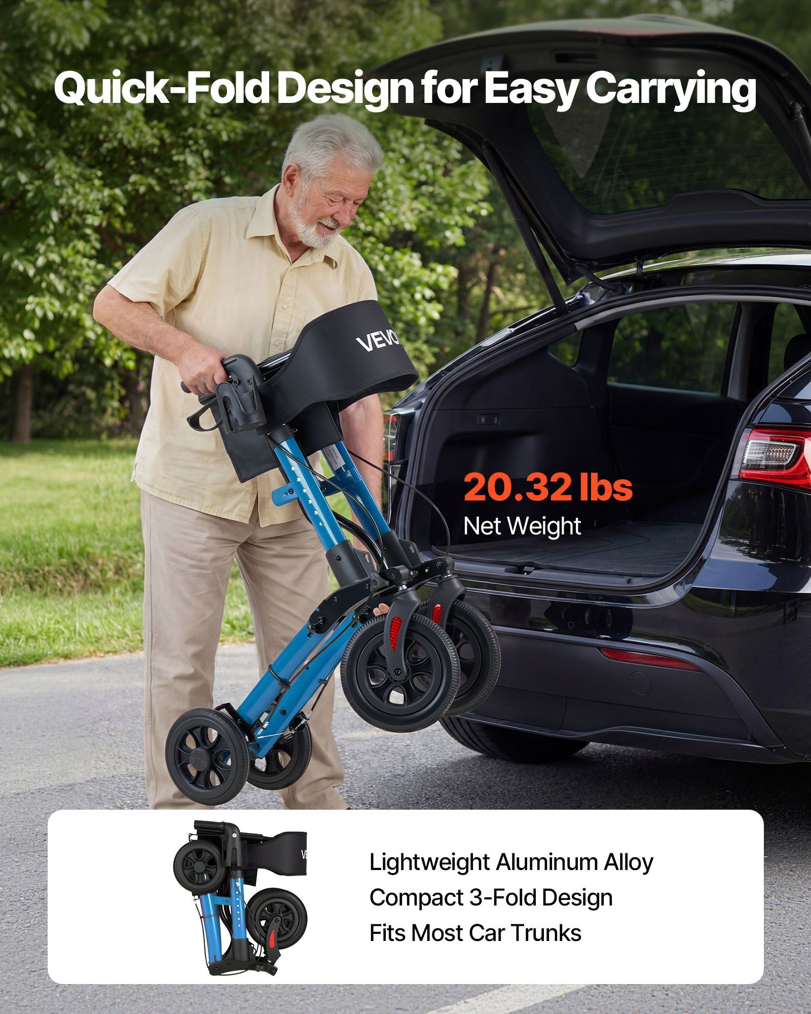 Rollator Walker with Seat for Seniors, Ultra Compact 3-Fold Rolling Walker, Lightweight Aluminum Mobility Walking Aid with PU Solid Wheels, Adjustable Handle, Cup & Cane Holder - Supports 136kg