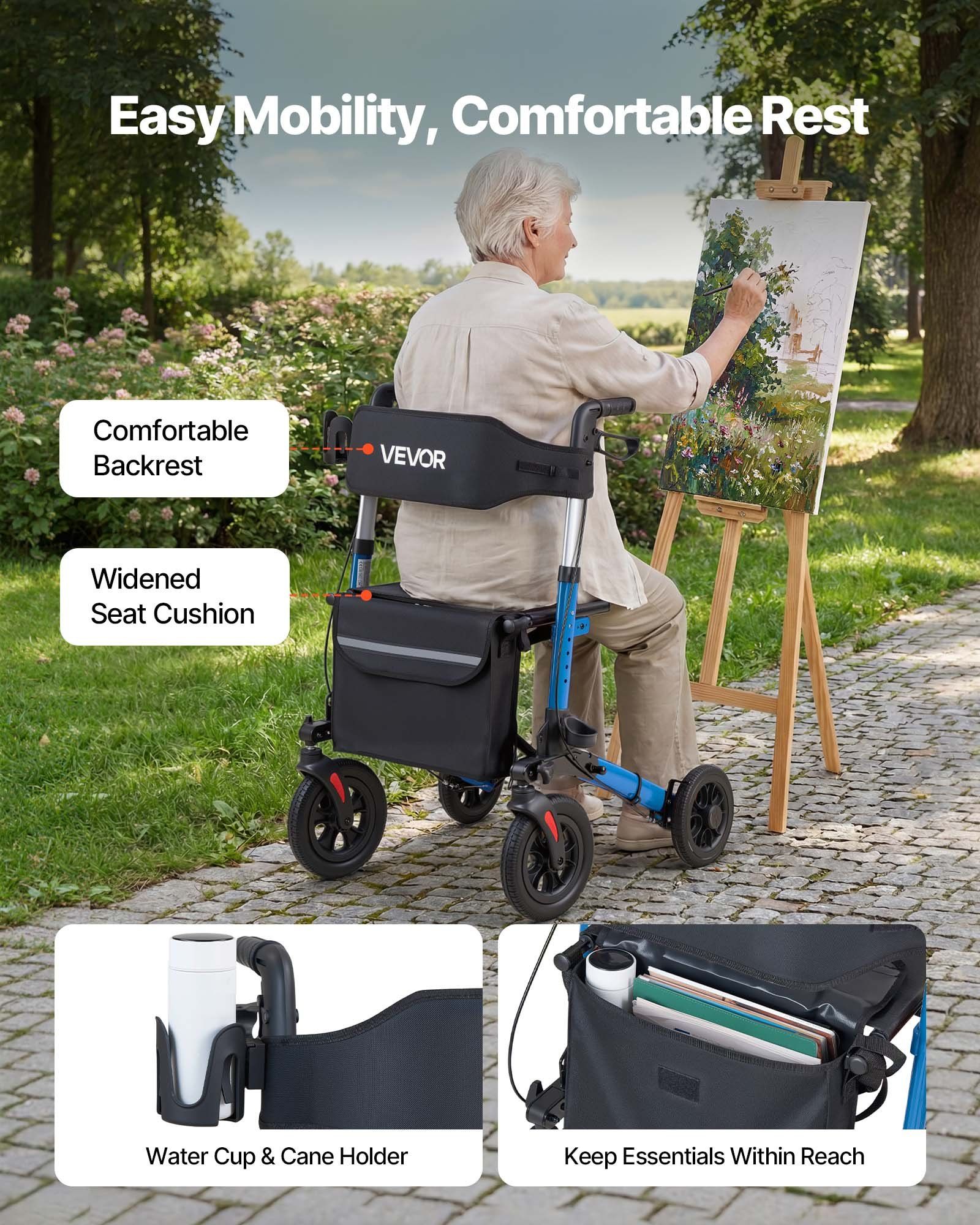 Rollator Walker with Seat for Seniors, Ultra Compact 3-Fold Rolling Walker, Lightweight Aluminum Mobility Walking Aid with PU Solid Wheels, Adjustable Handle, Cup & Cane Holder - Supports 136kg