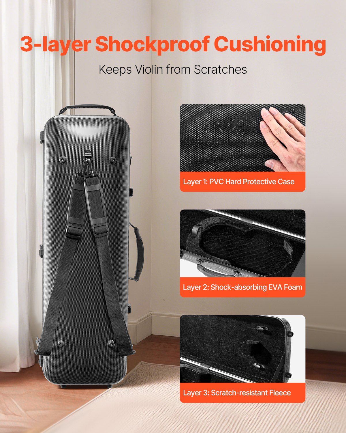 4/4 Full Size Violin Case, Built-in Hygrometer, Lightweight Portable Travel Carrying Bag, with Plush Lining, Shoulder Straps, Anti-Scratch, Professional Oblong Shape, for Violin, Black