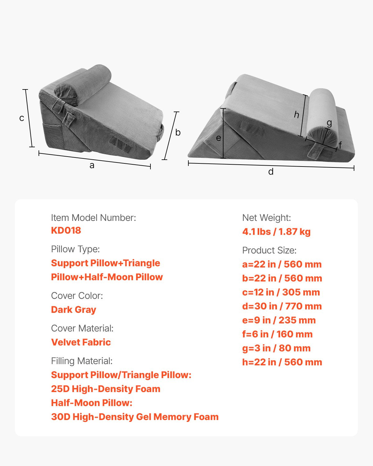 VEVOR Bed Wedge Pillow for Sleeping, 3 Pcs Adjustable Orthopedic Bed Wedge Set, with Washable Cover & Foam Support, Post Surgery Pillow for Acid Reflux, Back Pain, Snoring Relief & GERD, Dark Grey