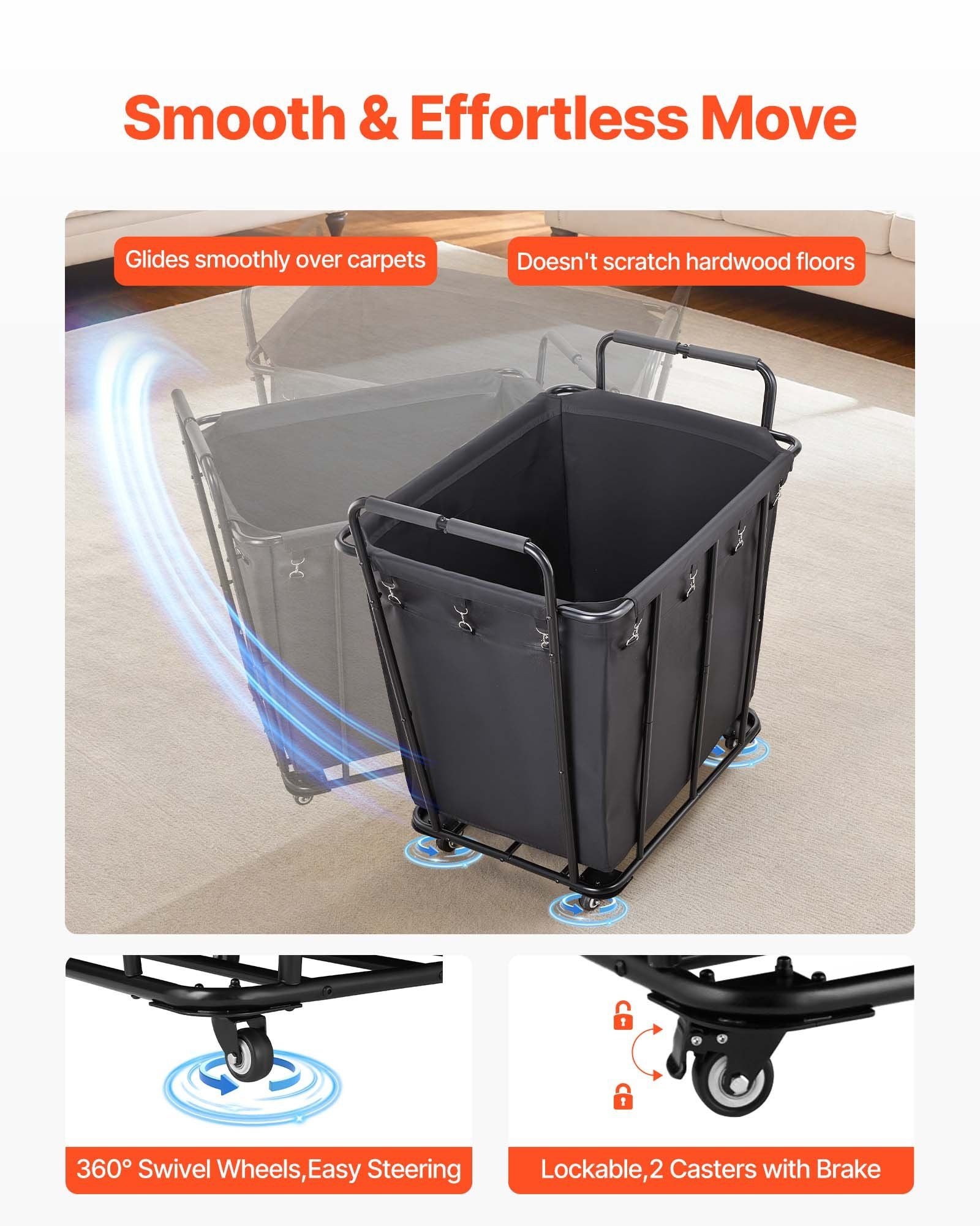 Laundry Cart, Rolling Grocery Utility Cart with Waterproof Liner & Swivel Wheels, 118 KG Large Load Capacity, Heavy Duty Shopping Basket for Laundry, Shopping, Camping, Grocery, Luggage, Black