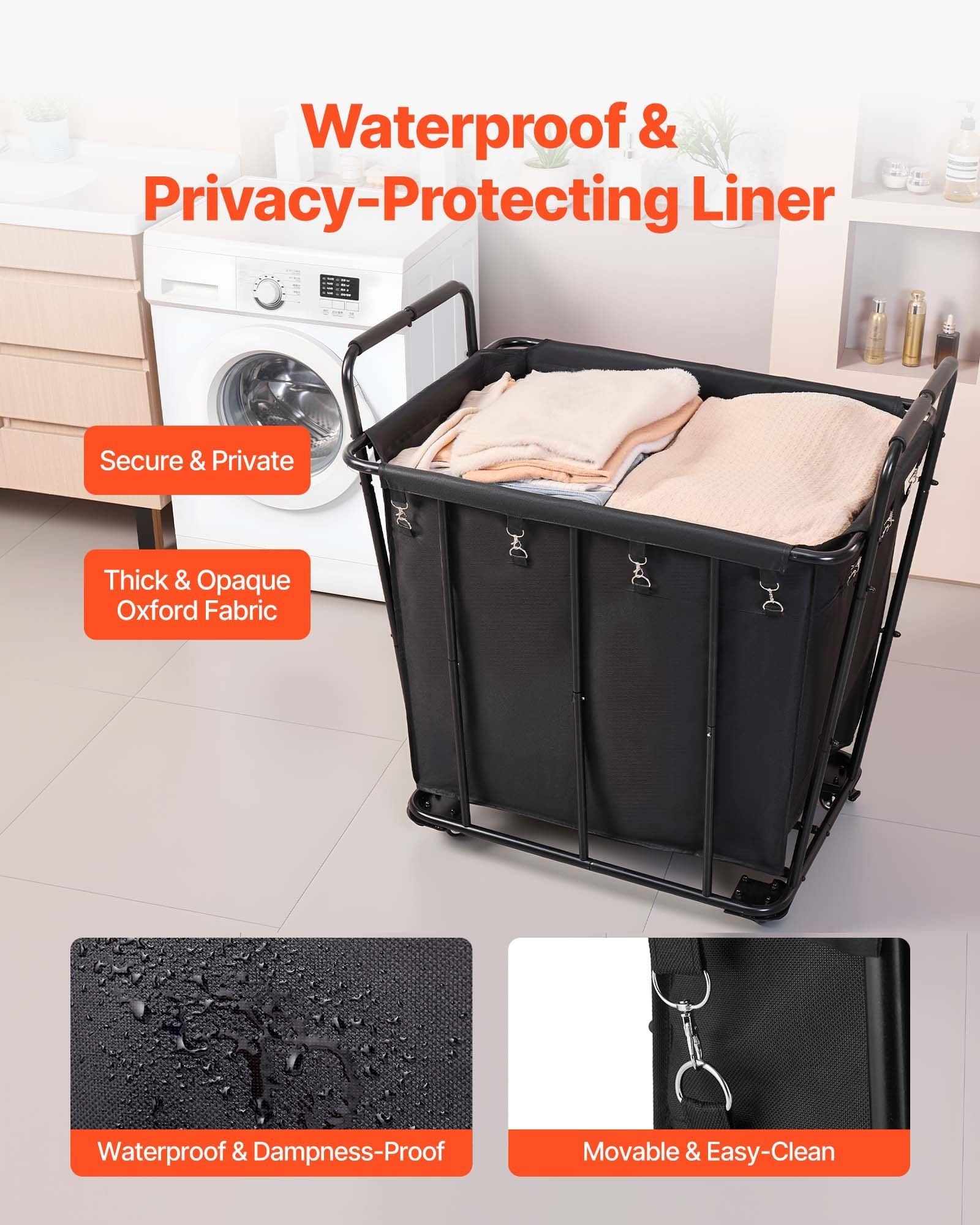 Laundry Cart, Rolling Grocery Utility Cart with Waterproof Liner & Swivel Wheels, 118 KG Large Load Capacity, Heavy Duty Shopping Basket for Laundry, Shopping, Camping, Grocery, Luggage, Black
