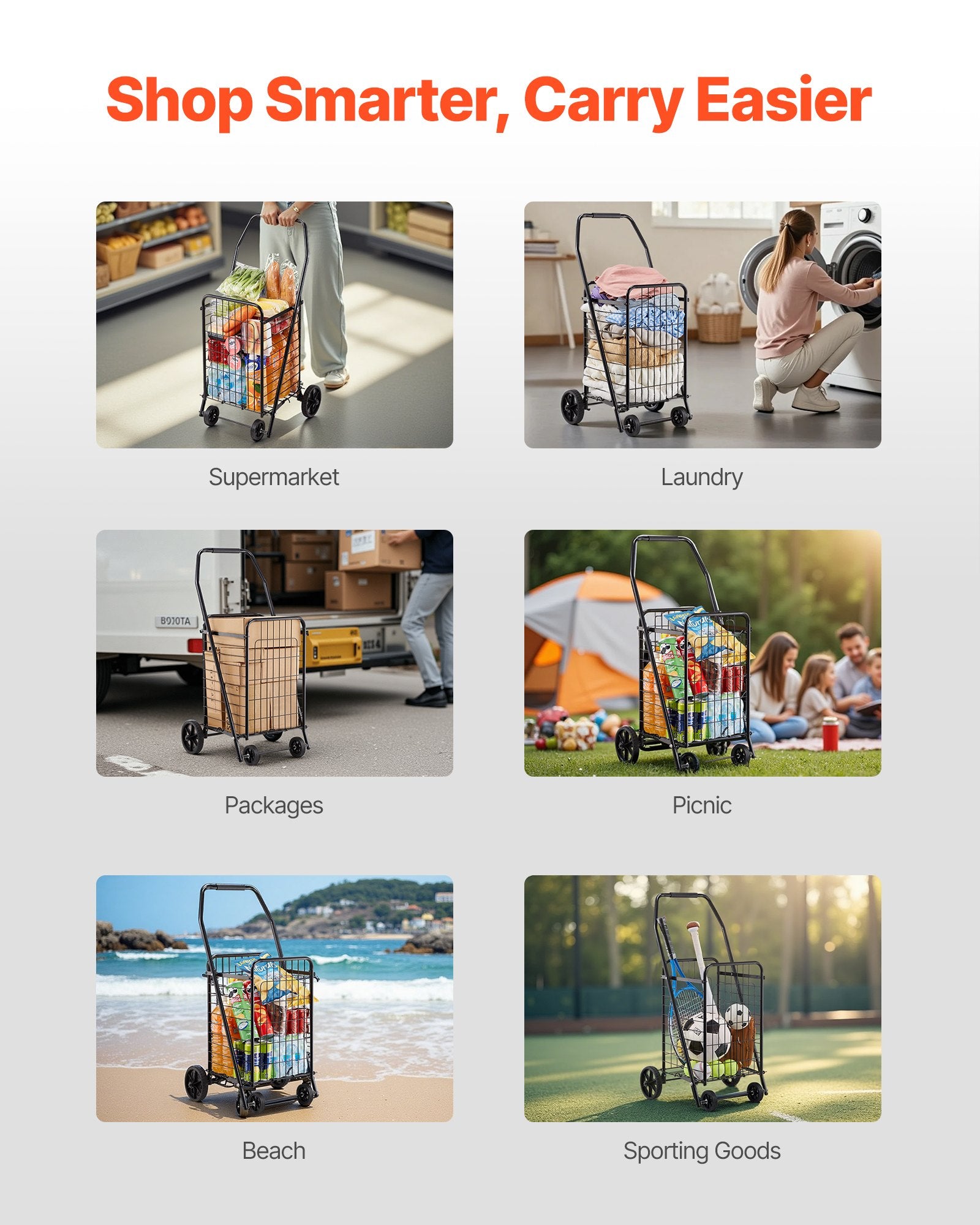 VEVOR Shopping Cart, Folding Grocery Utility Cart with Swivel Wheels, 40.8 kg Large Load Capacity, Heavy Duty Rolling Laundry Basket Butler for Laundry, Shopping, Camping, Grocery, Luggage, Black