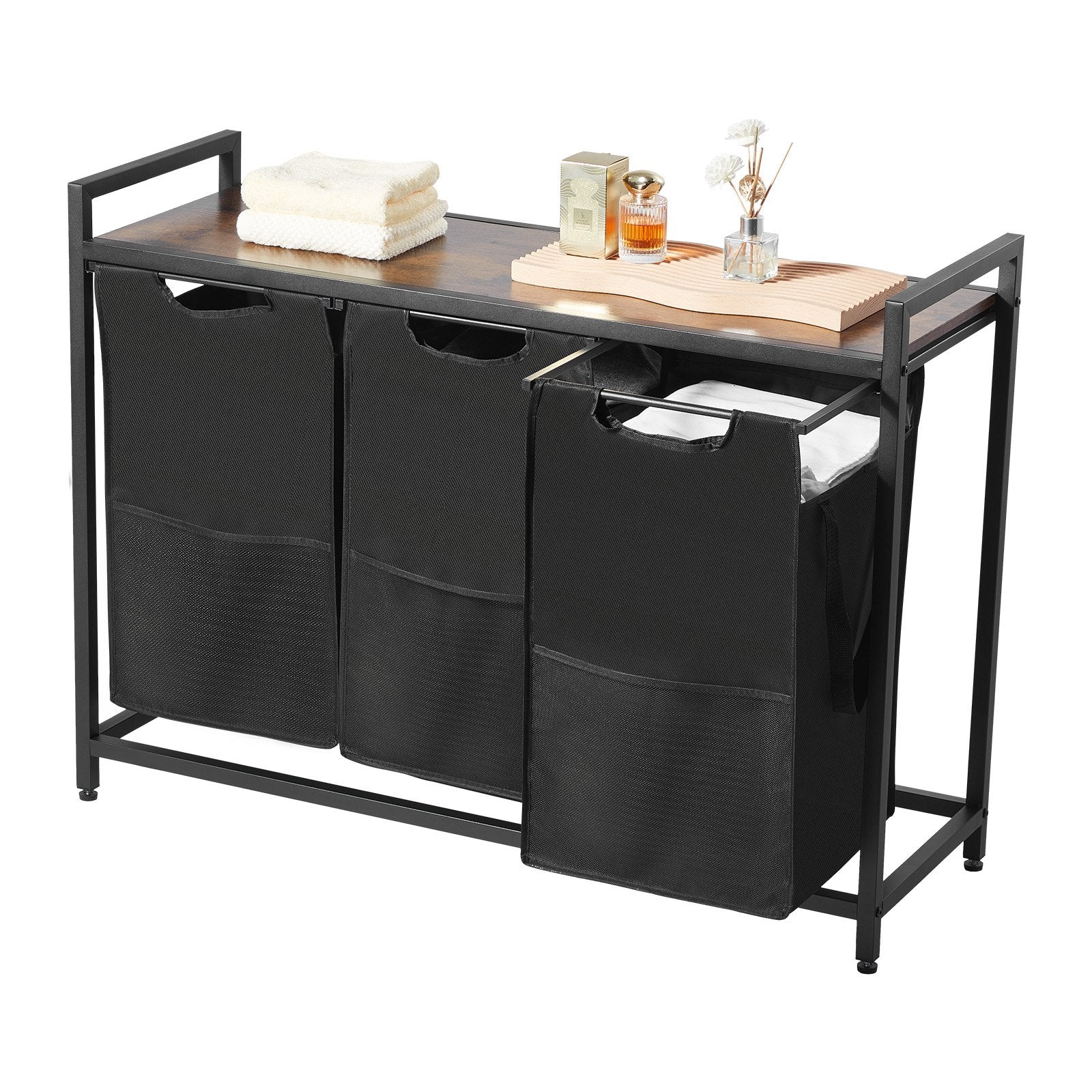 VEVOR 3 Section Laundry Sorter, Large Laundry Hamper with Metal Frame and Wooden Tabletop, Freestanding Storage Organizer Baskets with Pull-Out 600D Oxford Cloth Bags for Dirty Clothes, Bathroom
