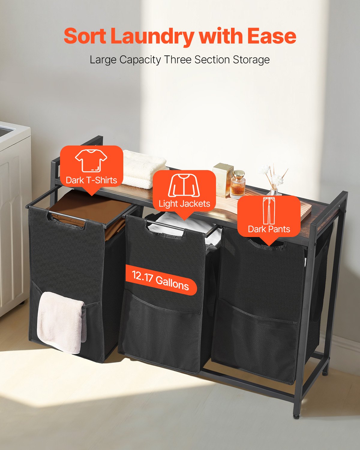 VEVOR 3 Section Laundry Sorter, Large Laundry Hamper with Metal Frame and Wooden Tabletop, Freestanding Storage Organizer Baskets with Pull-Out 600D Oxford Cloth Bags for Dirty Clothes, Bathroom