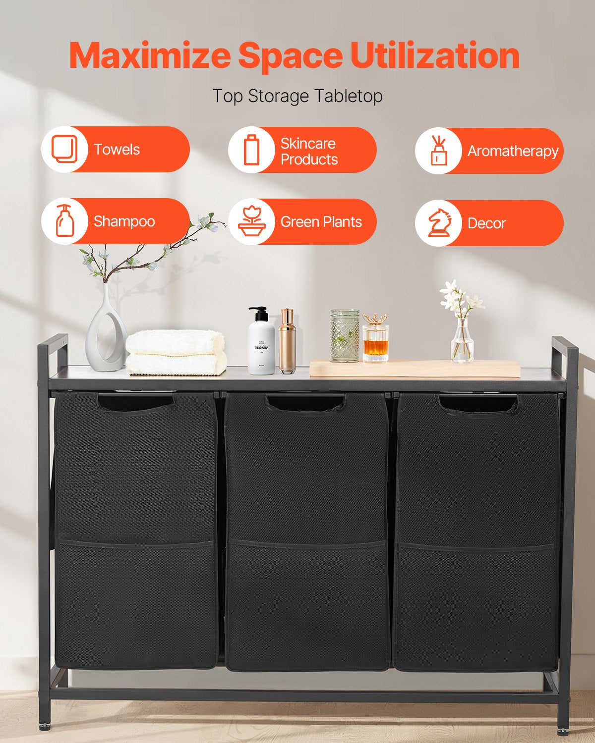 VEVOR 3 Section Laundry Sorter, Large Laundry Hamper with Metal Frame and Wooden Tabletop, Freestanding Storage Organizer Baskets with Pull-Out 600D Oxford Cloth Bags for Dirty Clothes, Bathroom