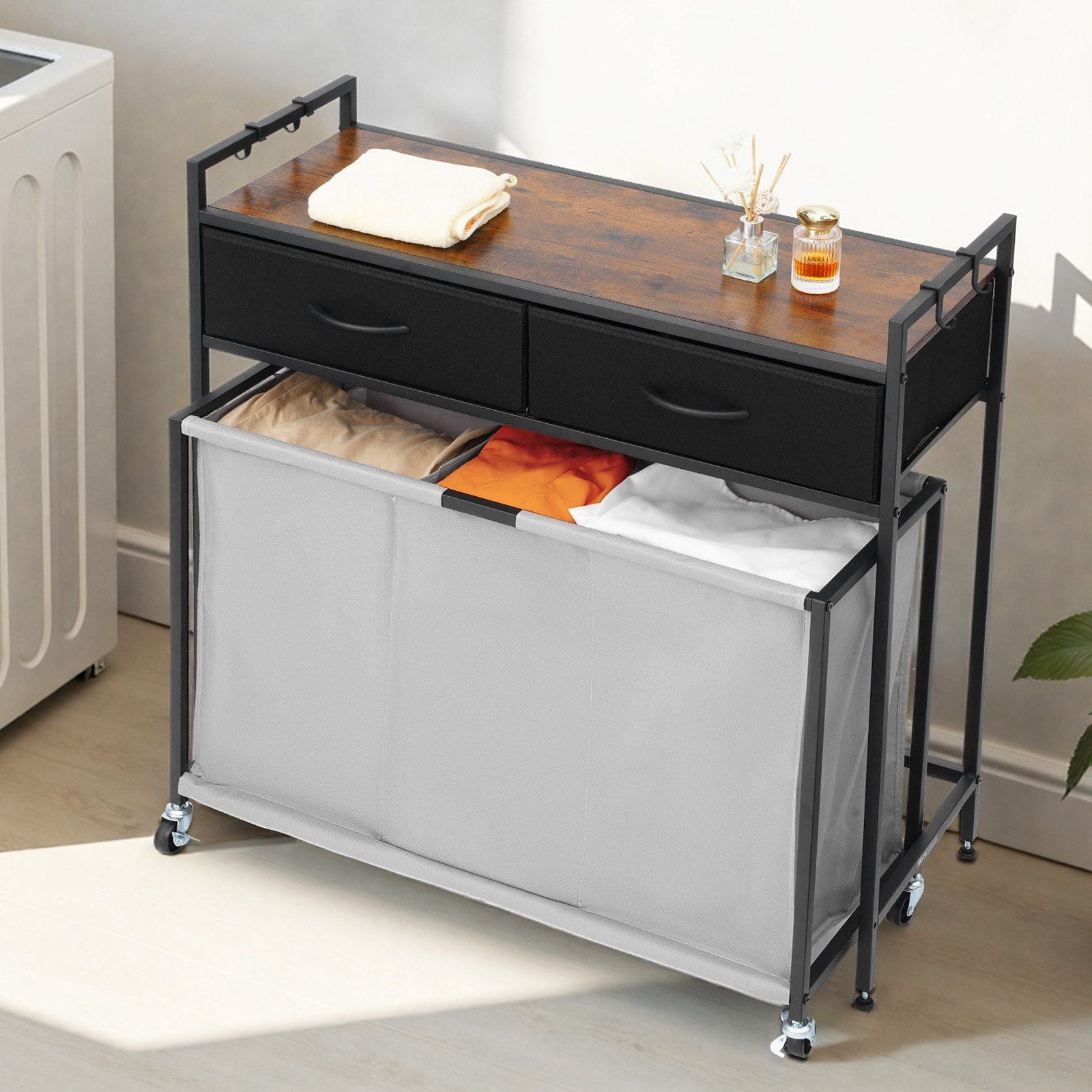 3 Section Laundry Sorter, Rolling Laundry Hamper with 2 Drawers, Hooks & Wheels, Rolling Basket Organizer Storage with Pull-Out Rolling Bags and Wooden Tabletop for Dirty Clothes, Bathroom
