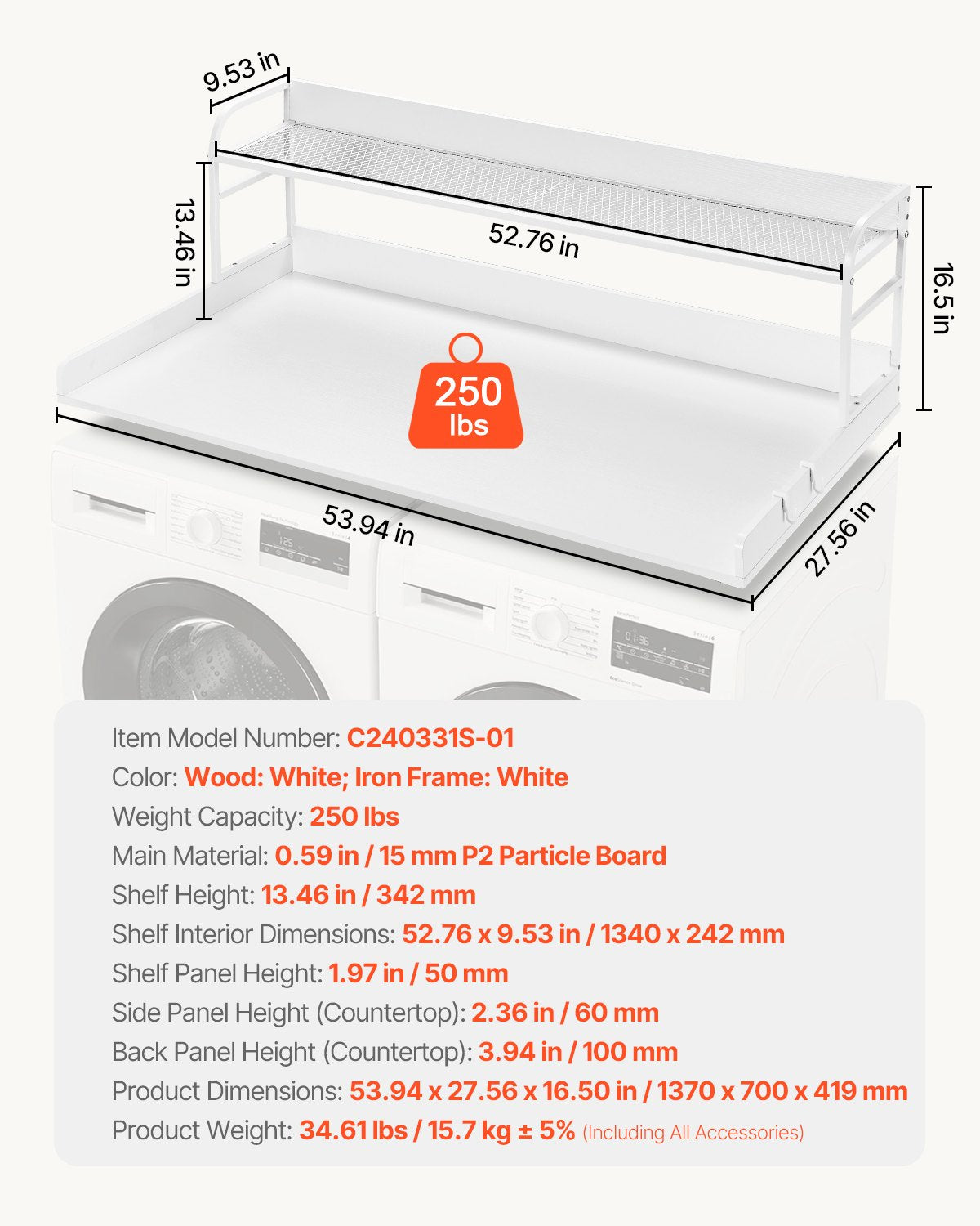 VEVOR Washer Dryer Countertop with Shelf 54"x27" Wooden Washer Dryer Cover White