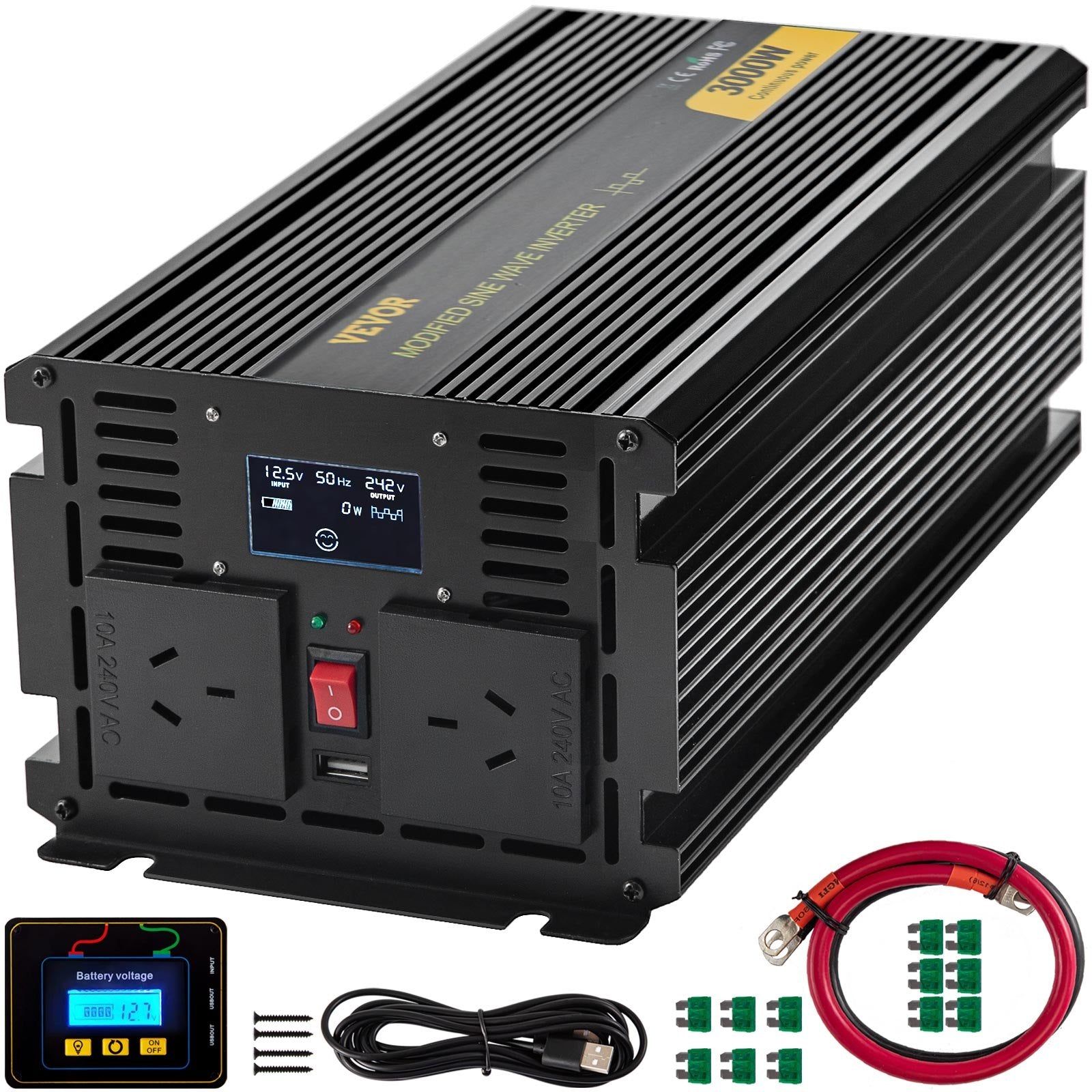 VEVOR Power Inverter Modified Sine Wave Inverter 3000W DC 12V to AC 240V w/LCD
