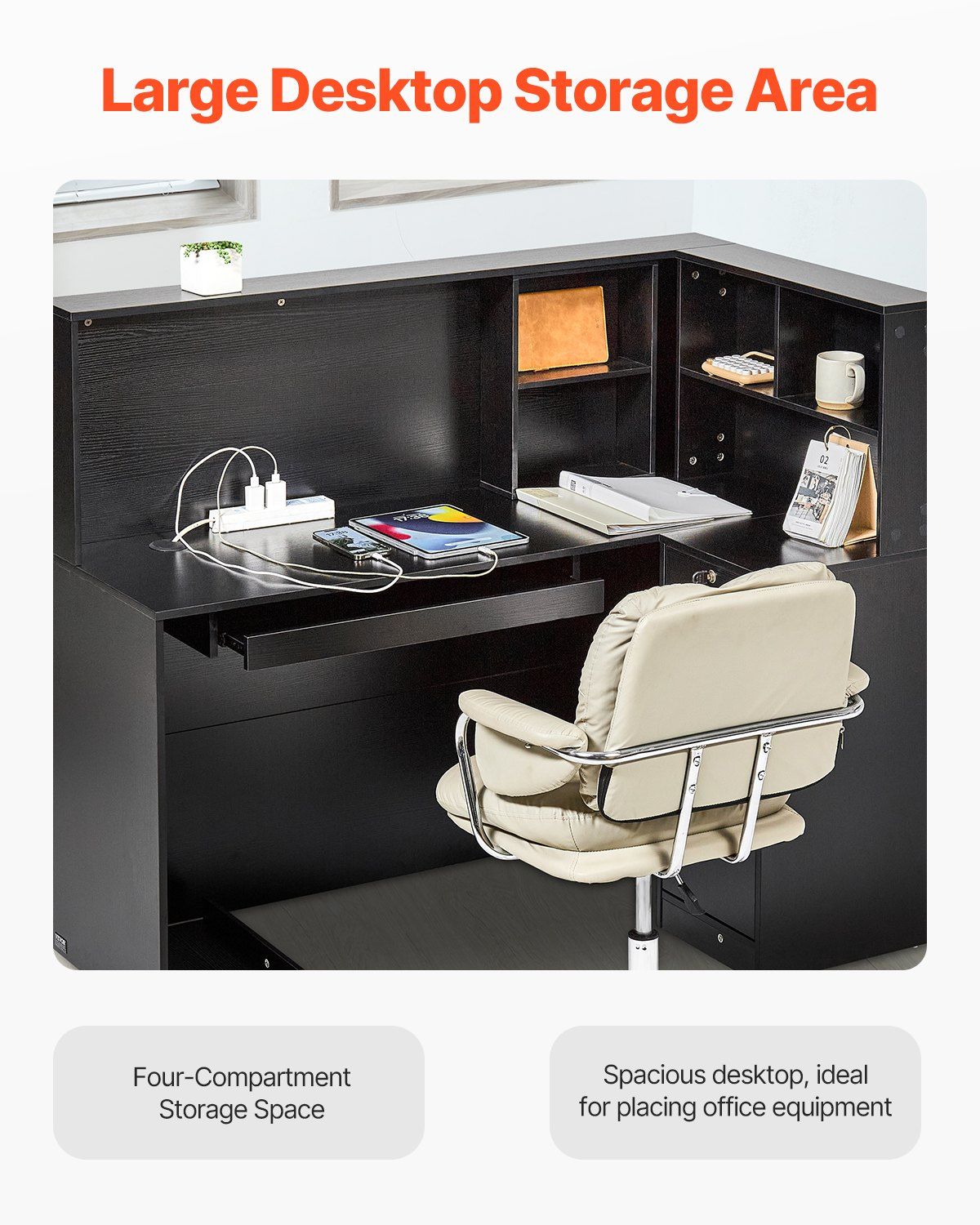 Reception Desk, 1400 x 800 x 1200 mm L-Shaped Front Counter Table, Office Reception Counter with Drawer Keyboard Tray and Storage Cabinet, for Checkout, Lobby, Beauty Salon & Office, Black