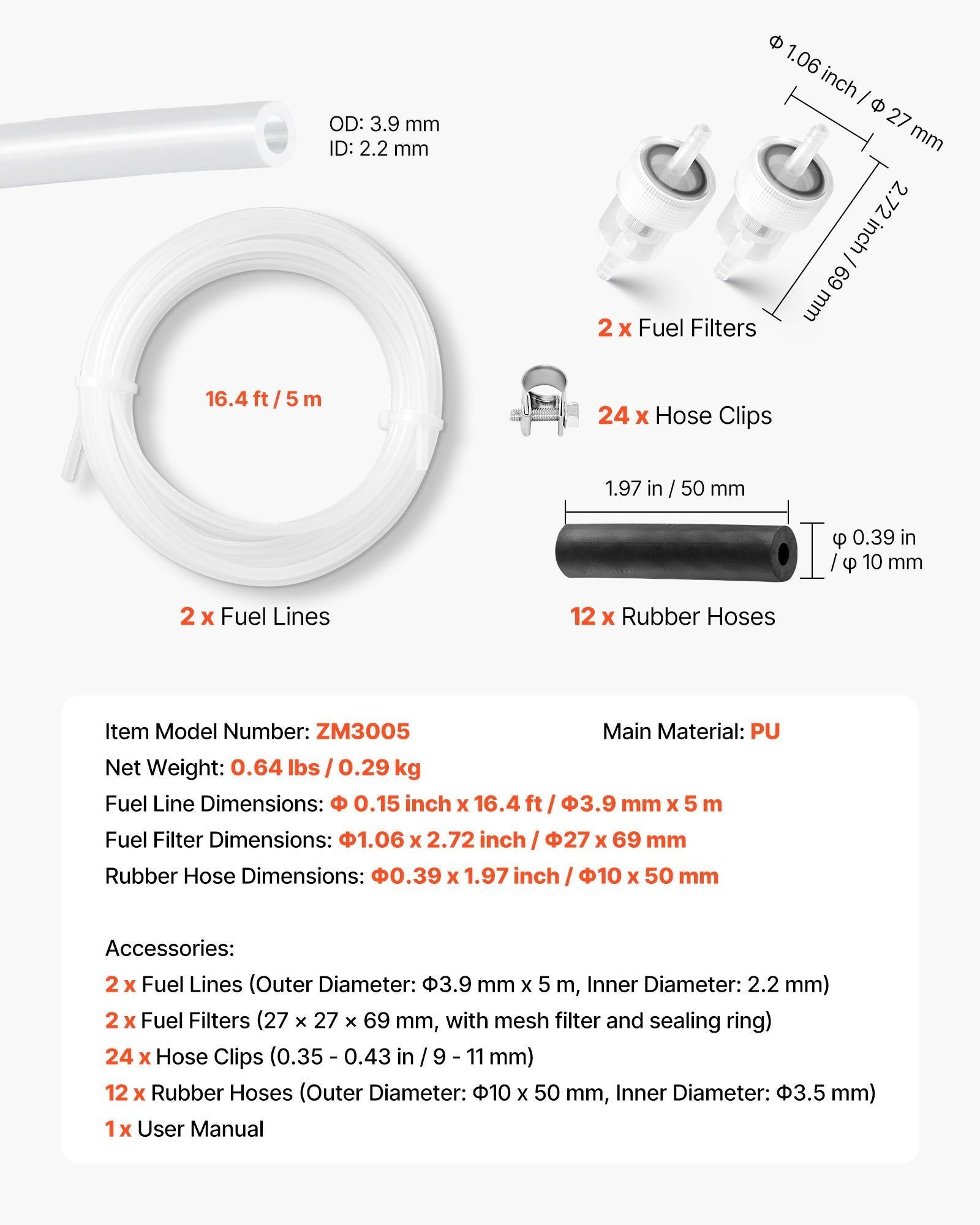 Fuel Pipe Hose Line Kit, 5000mm Diesel Heater Fuel Line Kit, Replaceable Parking Heater Fuels Lines Kits with Lines Filters Clips & Hoses, Tank Diesel Heater Accessories for 2KW 5KW 8KW Heaters