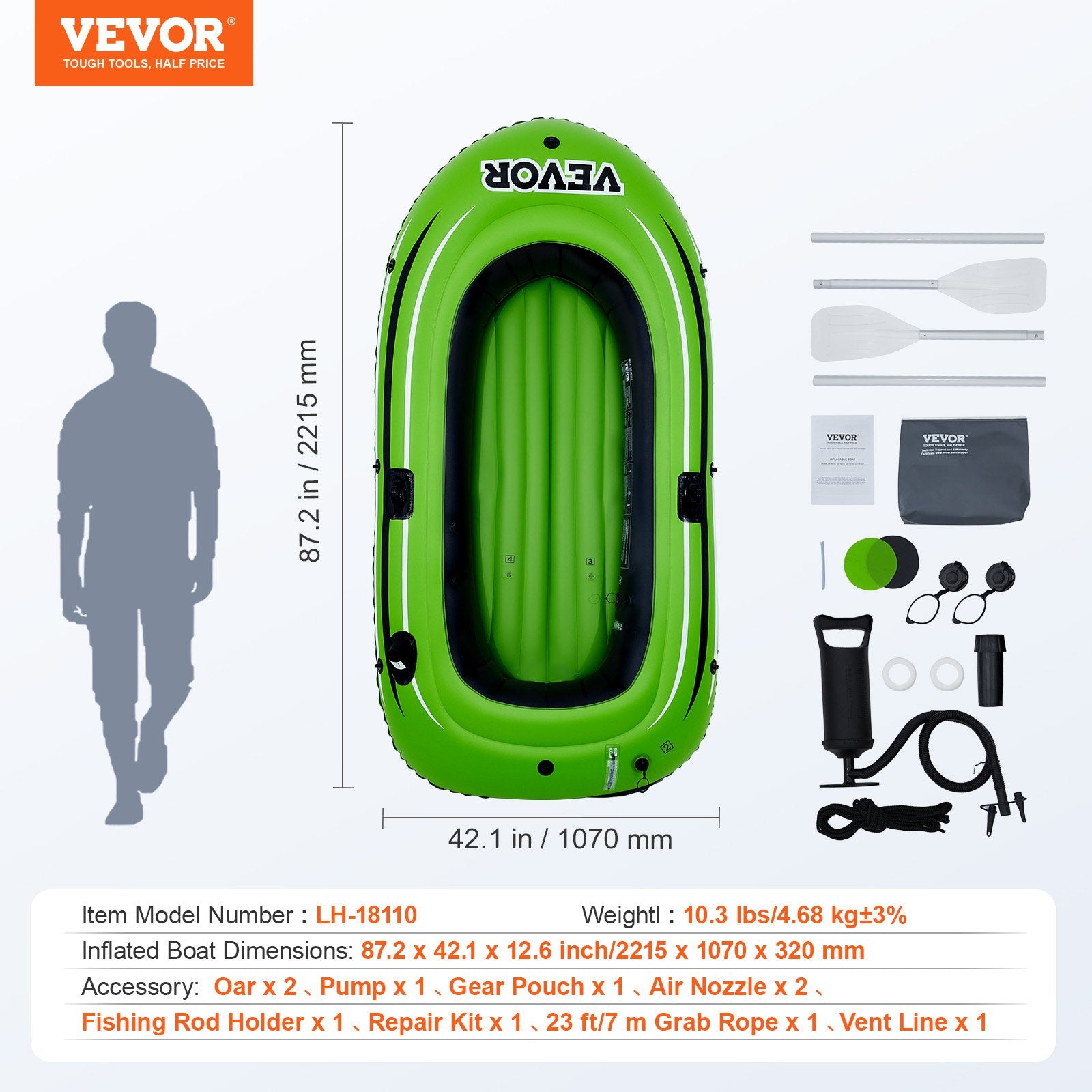 VEVOR Inflatable Boat, 2-Person Inflatable Fishing Boat, Strong PVC Portable Boat Raft Kayak, Includes 1158 mm Aluminum Oars, High-Output Pump and Fishing Rod Holders, 227 kg Capacity for Adults, Kids