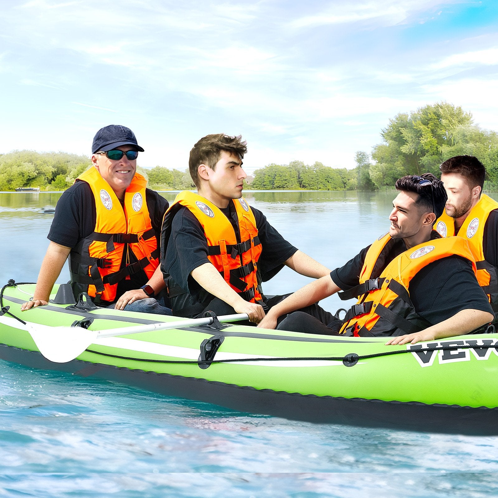 VEVOR Inflatable Boat, 4-Person Inflatable Fishing Boat, Strong PVC Portable Boat Raft Kayak, 1158mm Aluminum Oars, High-Output Pump, Fishing Rod Holders, and 2 Seats, 1100 lb Capacity for Adults Kids