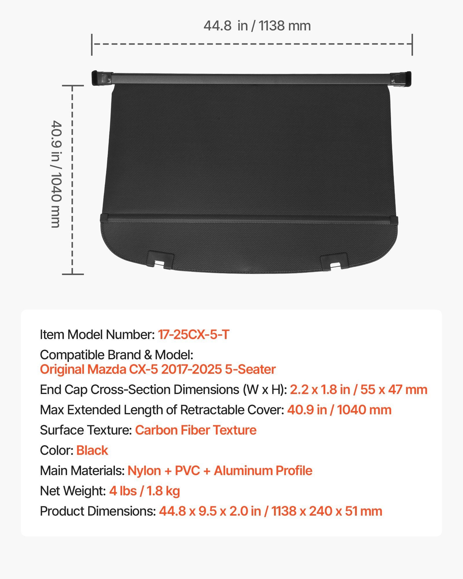 Retractable Cargo Cover, Upgraded Carbon Fiber Texture Trunk Cover, Anti-Peeping Luggage Privacy Shield, Easy Installation Security Shade Car Accessories, for Mazda CX-5 2017-2025 5-Seater