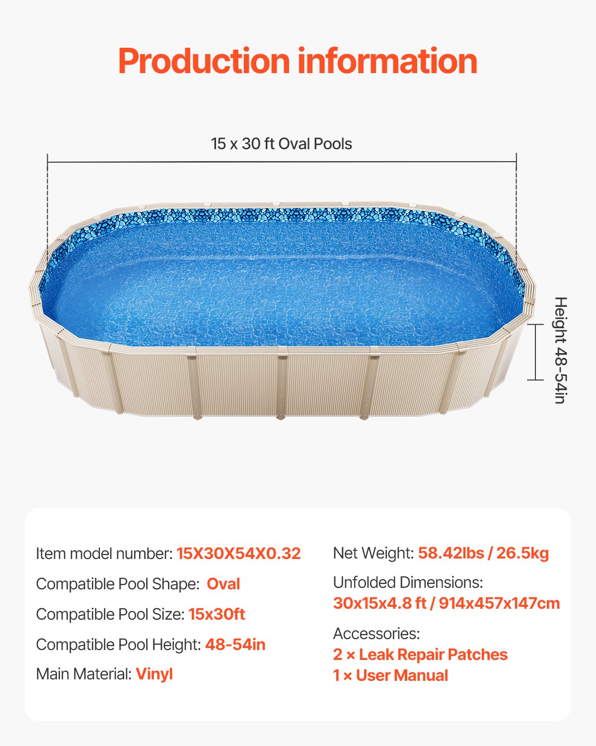 VEVOR Oval Pool Liner 15x30ft Overlap Style Pool Liner 54in Wall Height