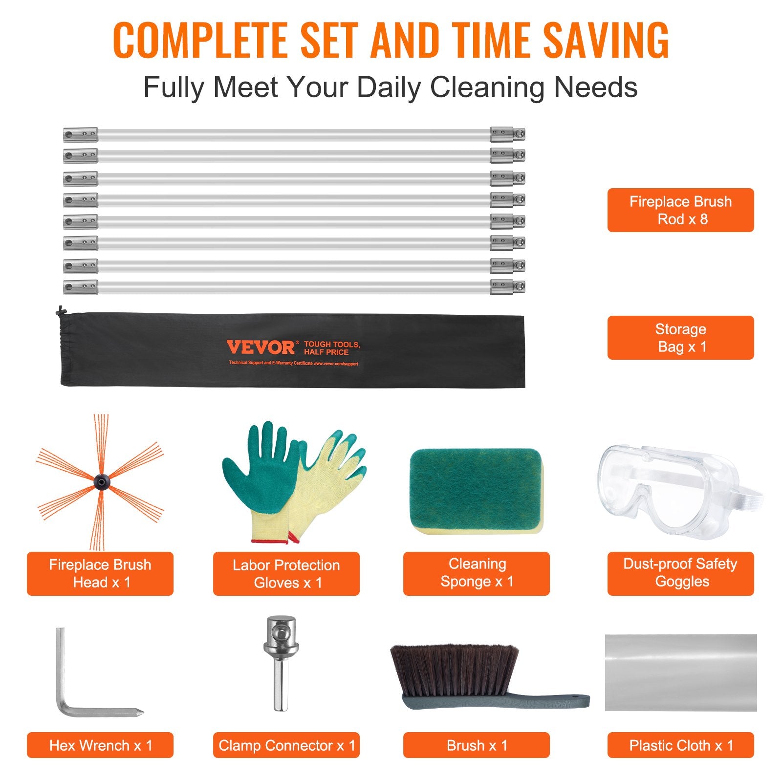 VEVOR 8 m Chimney Sweep Kit, w/ 8Reinforced Nylon Flexible Rods, Ergonomic Chimney Cleaning Brush, 360-Degree Brush Chimney Cleaner, Rich Accessories for Fireplace Flue Home Use Fits most Pipes