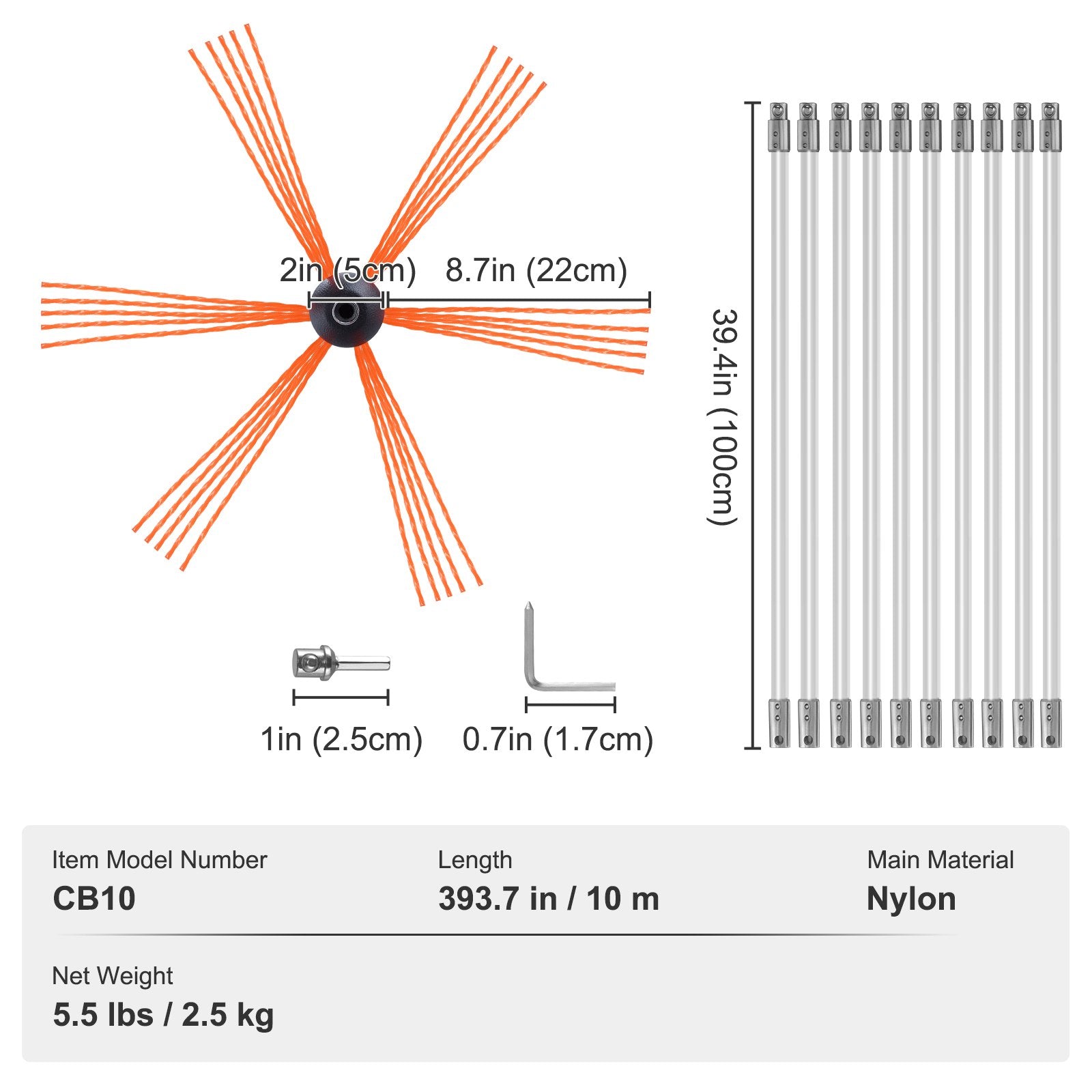 VEVOR 10 m Chimney Sweep Kit, w/ 10 Reinforced Nylon Flexible Rods, Ergonomic Chimney Cleaning Brush, 360-Degree Brush Chimney Cleaner, Rich Accessories for Fireplace Flue Home Use Fits most Pipes