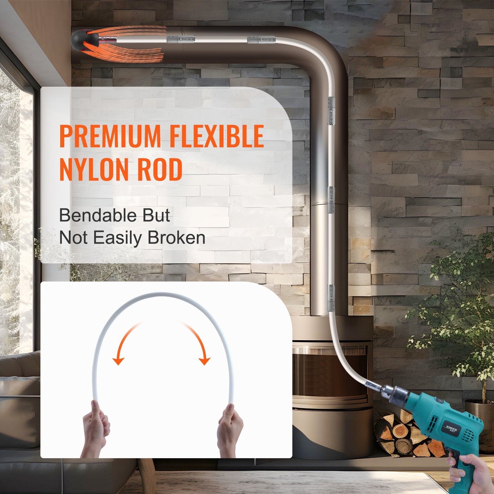 VEVOR 12 m Chimney Sweep Kit, w/ 12 Reinforced Nylon Flexible Rods, Ergonomic Chimney Cleaning Brush, 360-Degree Brush Chimney Cleaner, Rich Accessories for Fireplace Flue Home Use Fits most Pipes