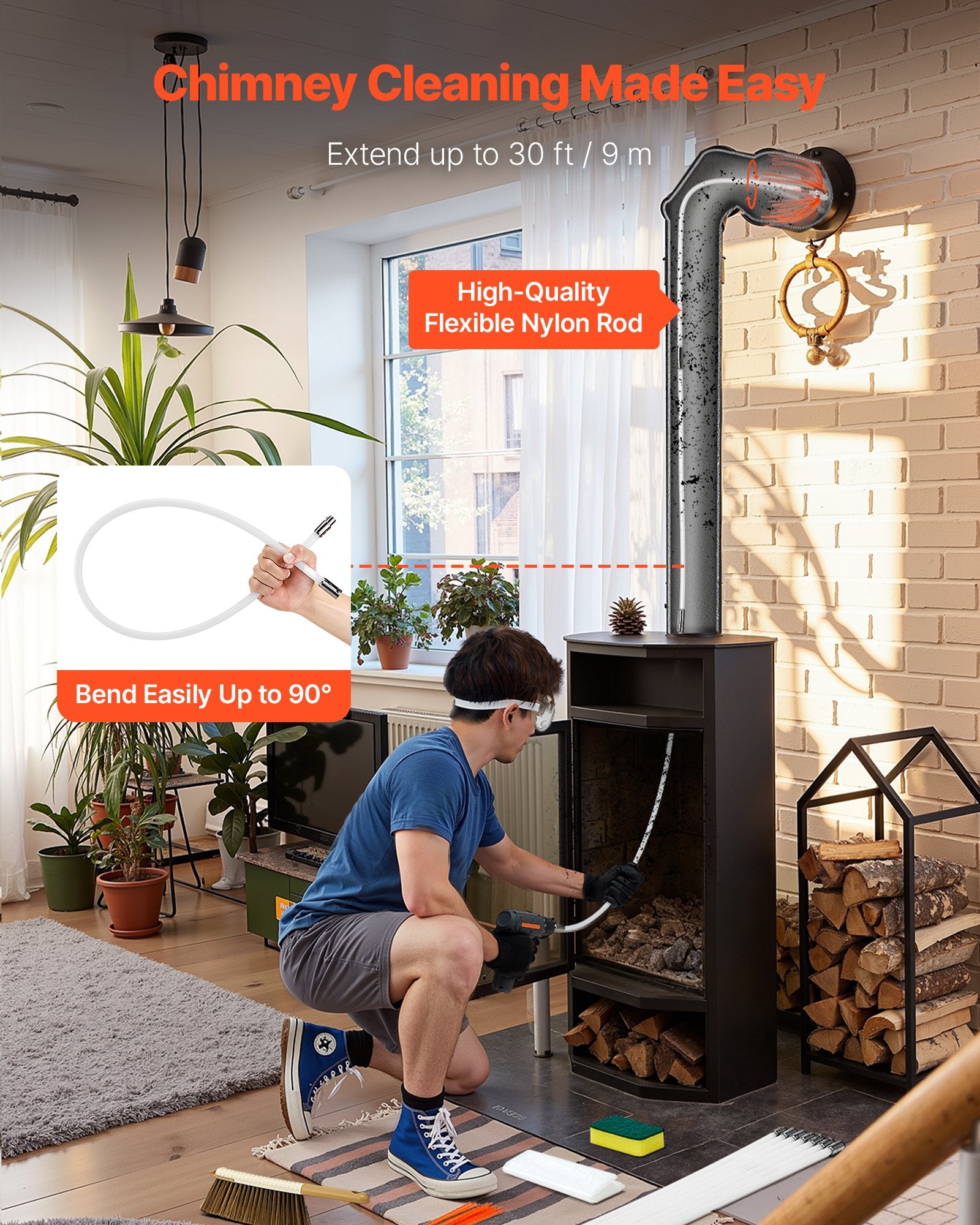 VEVOR Chimney Sweep Kit, 9m Maximum Extendable Length Chimney Sweep, Chimneys Cleaning Kit with Bristle Replacements & Goggles, 90° Bendable Fireplace Cleaning Tool, for Square, Rectangle Chimneys