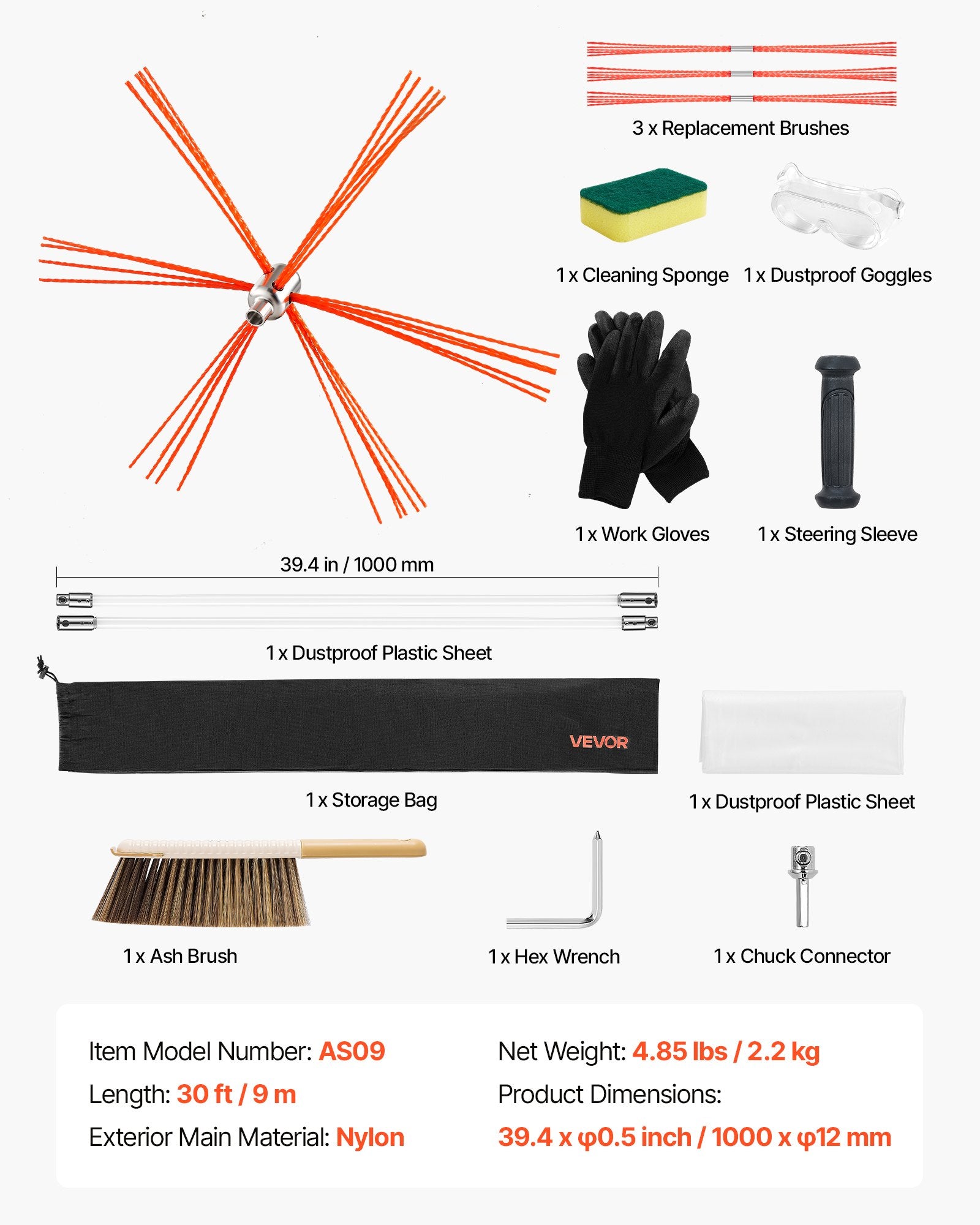 VEVOR Chimney Sweep Kit, 9m Maximum Extendable Length Chimney Sweep, Chimneys Cleaning Kit with Bristle Replacements & Goggles, 90° Bendable Fireplace Cleaning Tool, for Square, Rectangle Chimneys