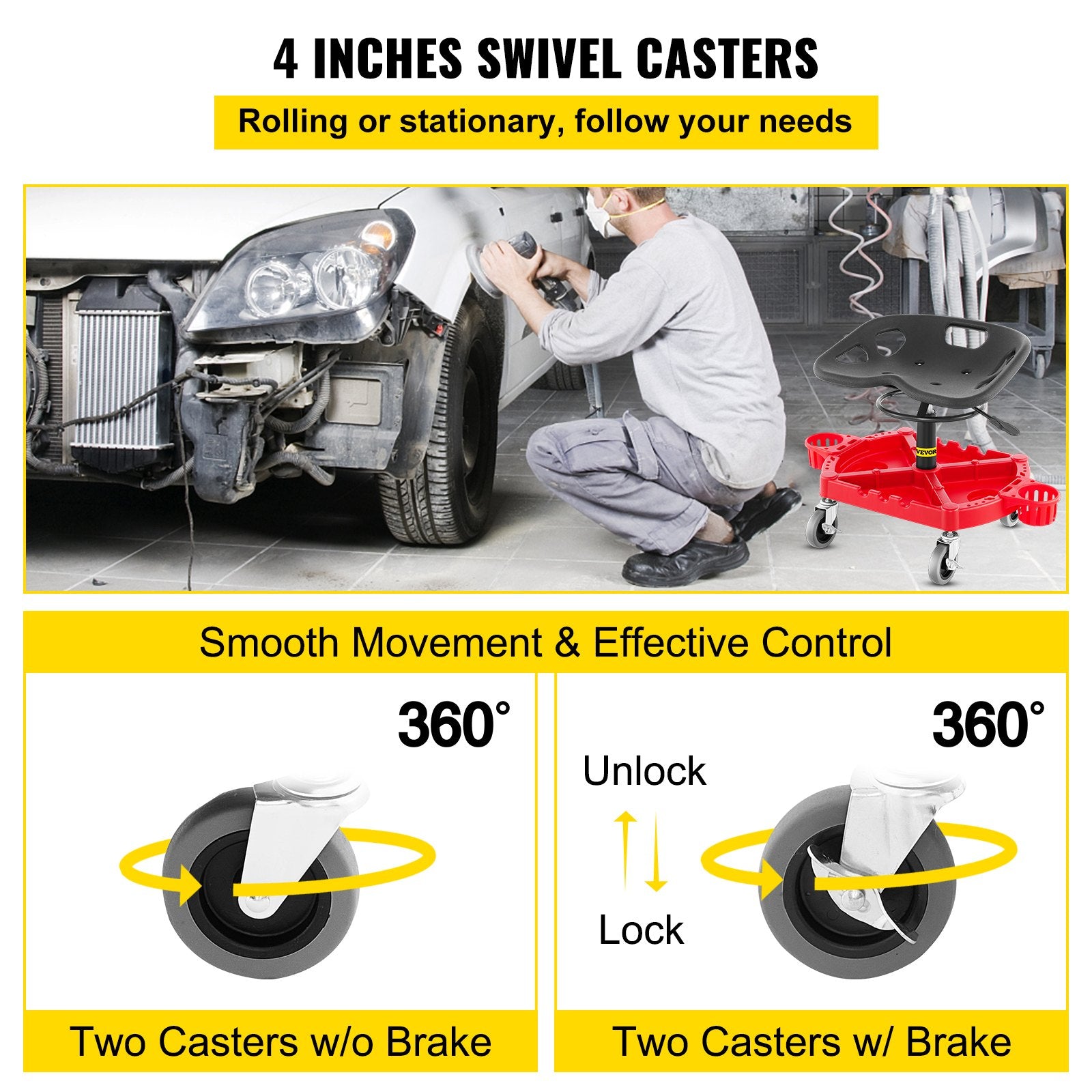 VEVOR Rolling Garage Stool, 300LBS Capacity, Adjustable Height from 18 in to 23 in, 360-degree Swivel Wheels (4\"), Large Tool Tray with Two Bottle Holder, for Workshop, Auto Repair Shop, Red