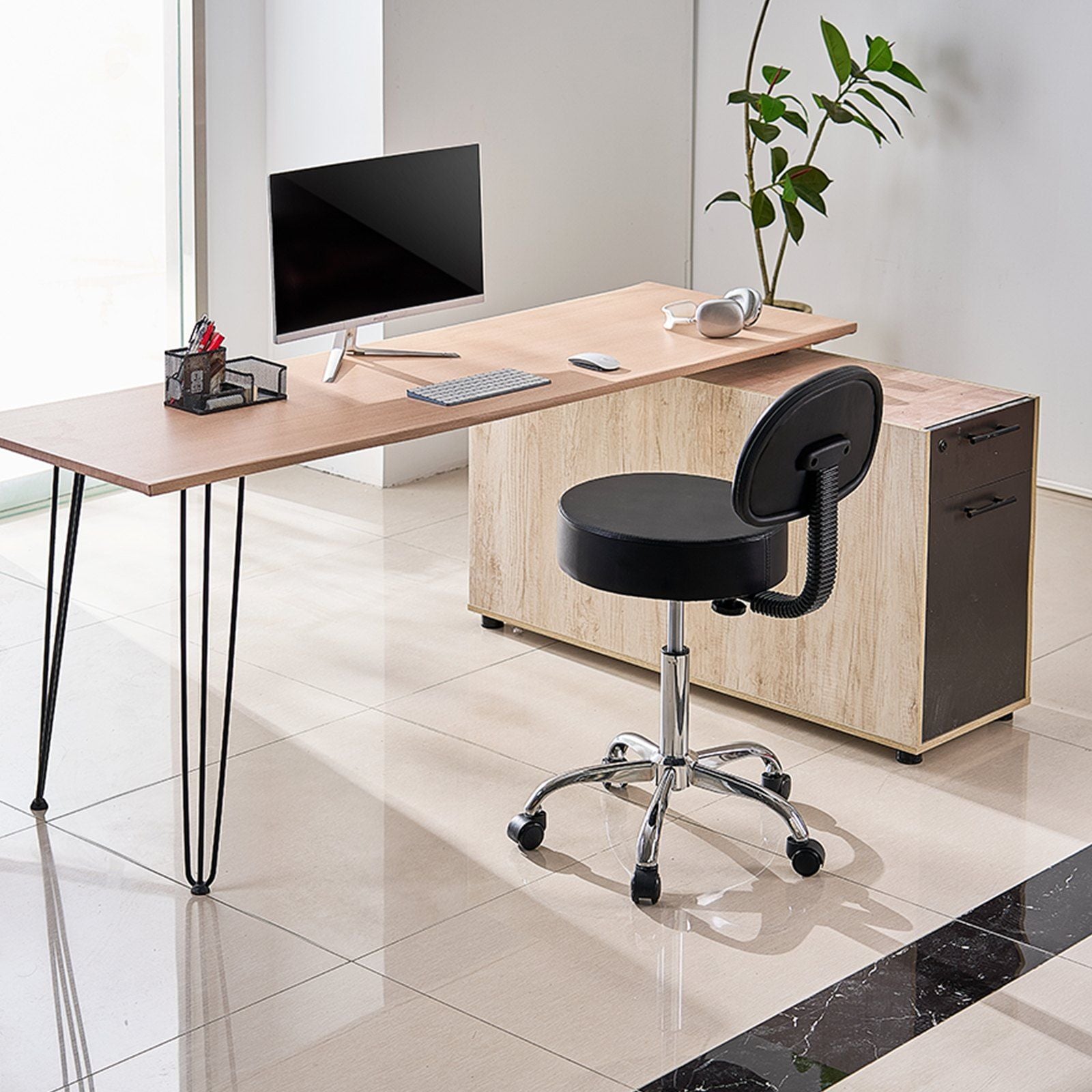 Round Rolling Stool, PU Leather Rolling Stool with Backrest, 360° Swivel Drafting Stool with Thickened Cushion, Height Adjustable Rolling Work SPA Stool, for Office, Home, Salon & Bar, Black