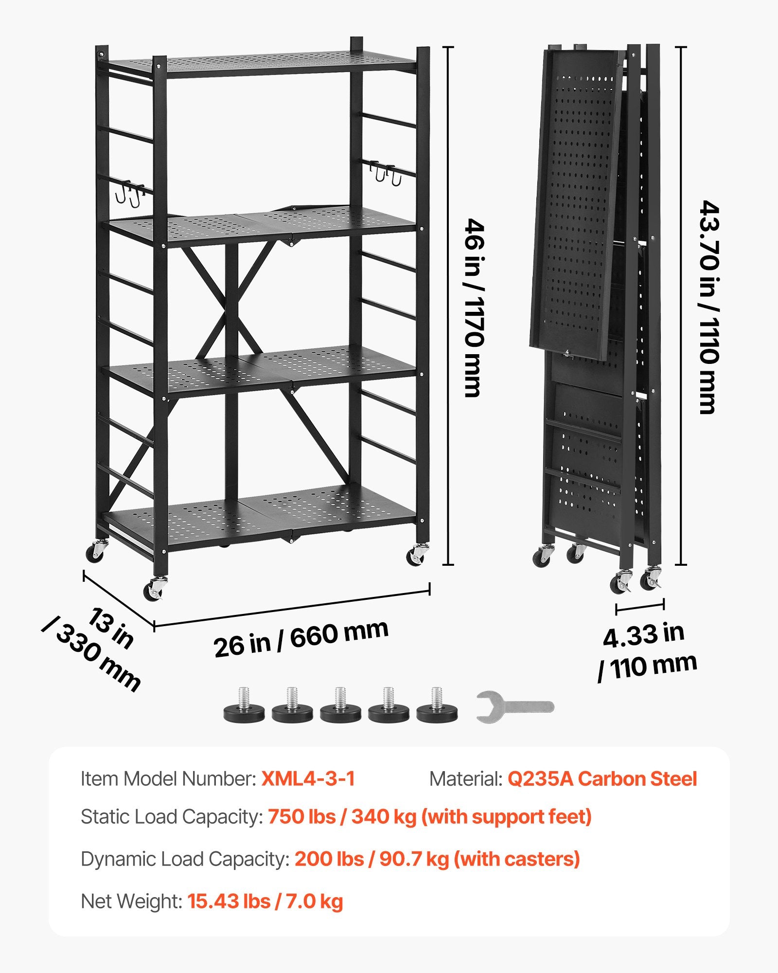 VEVOR 4-Tier Foldable Storage Shelf with Wheels, 66 cm W x 33 cm D x 117 cm H Folding Metal Rack Shelving Unit, No Assembly Organizer Shelf for Garage, Kitchen, Basement, Black