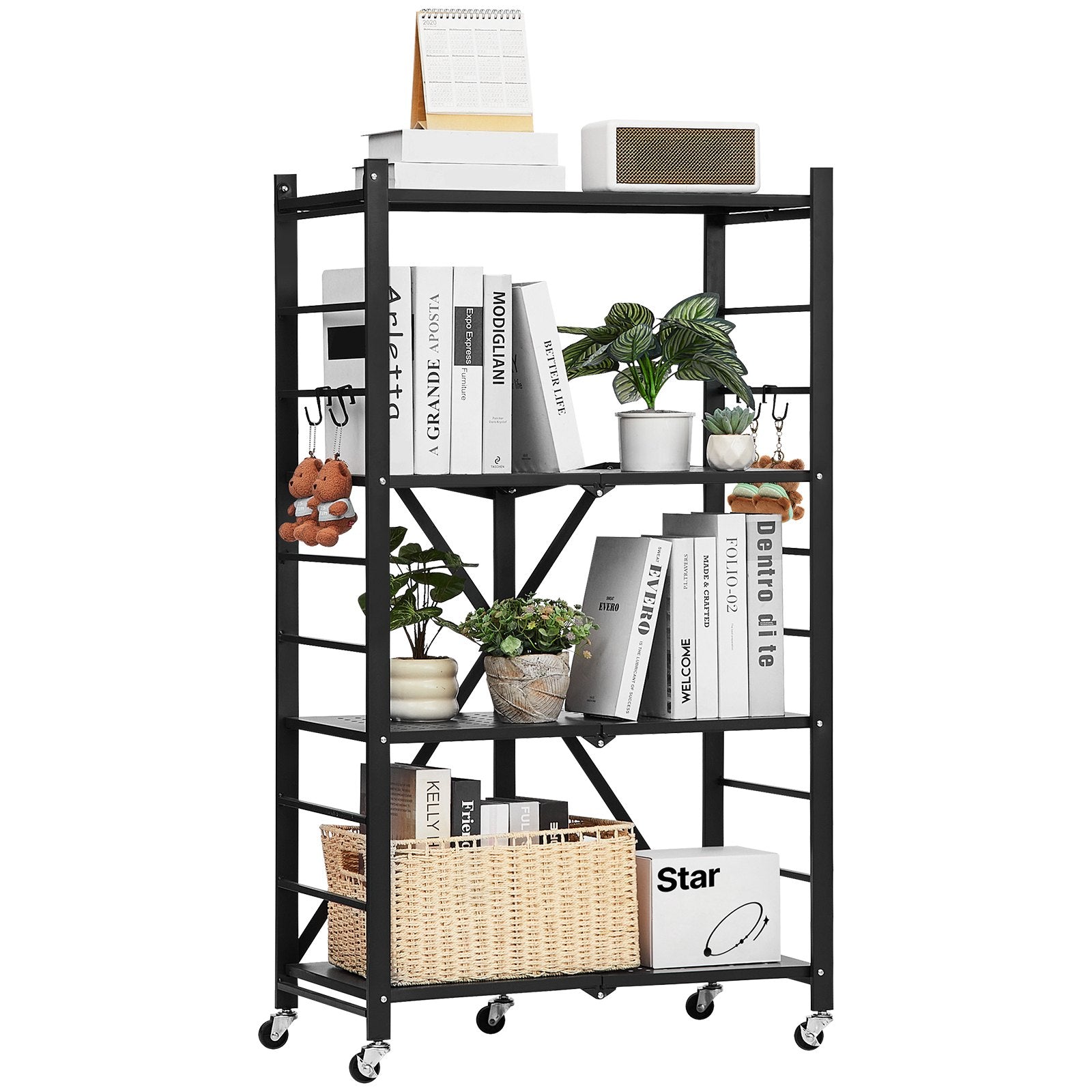 VEVOR 4-Tier Foldable Storage Shelf with Wheels, 66 cm W x 33 cm D x 117 cm H Folding Metal Rack Shelving Unit, No Assembly Organizer Shelf for Garage, Kitchen, Basement, Black