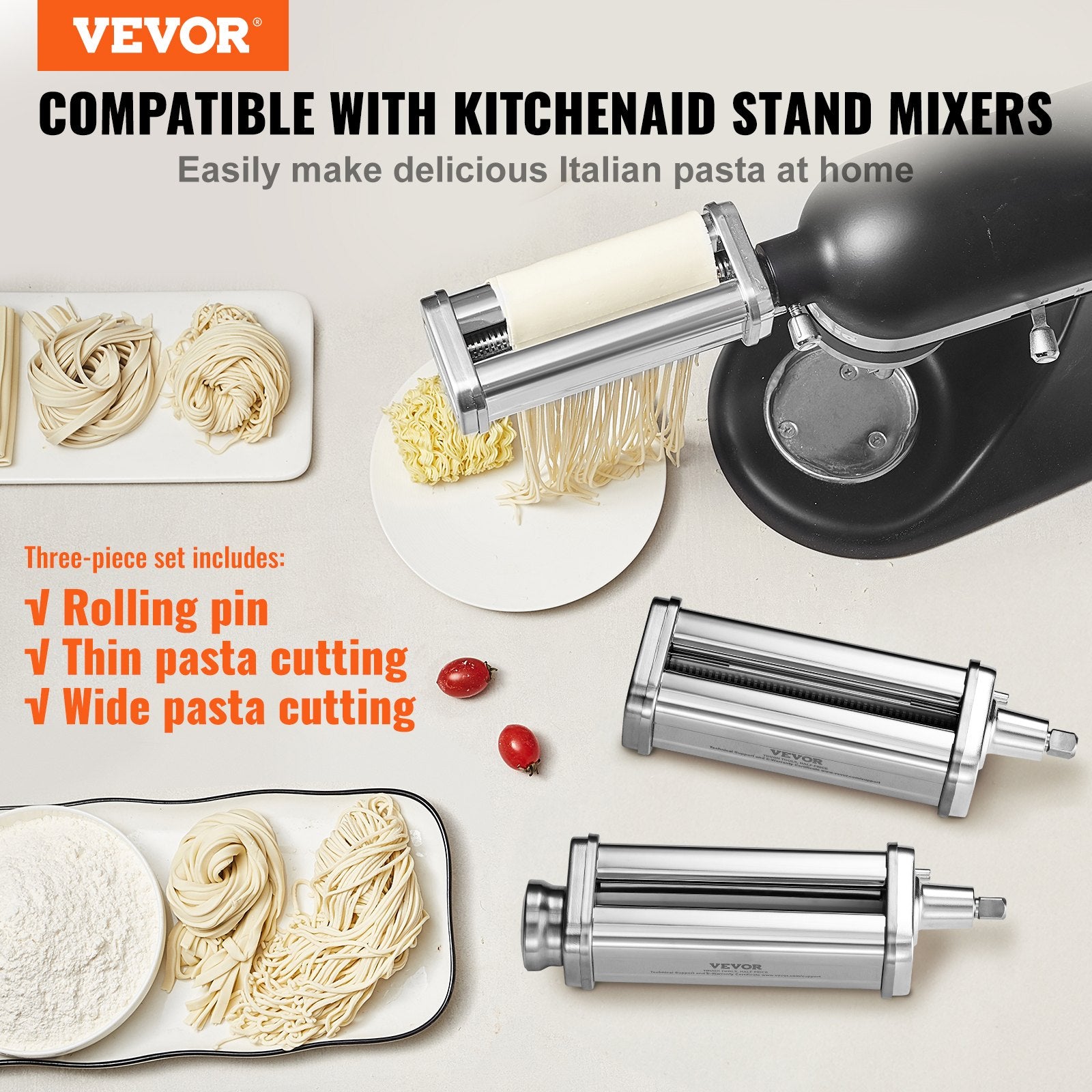 VEVOR 3Pcs Pasta Attachment for KitchenAid Stand Mixer Pasta Roller Cutter Set