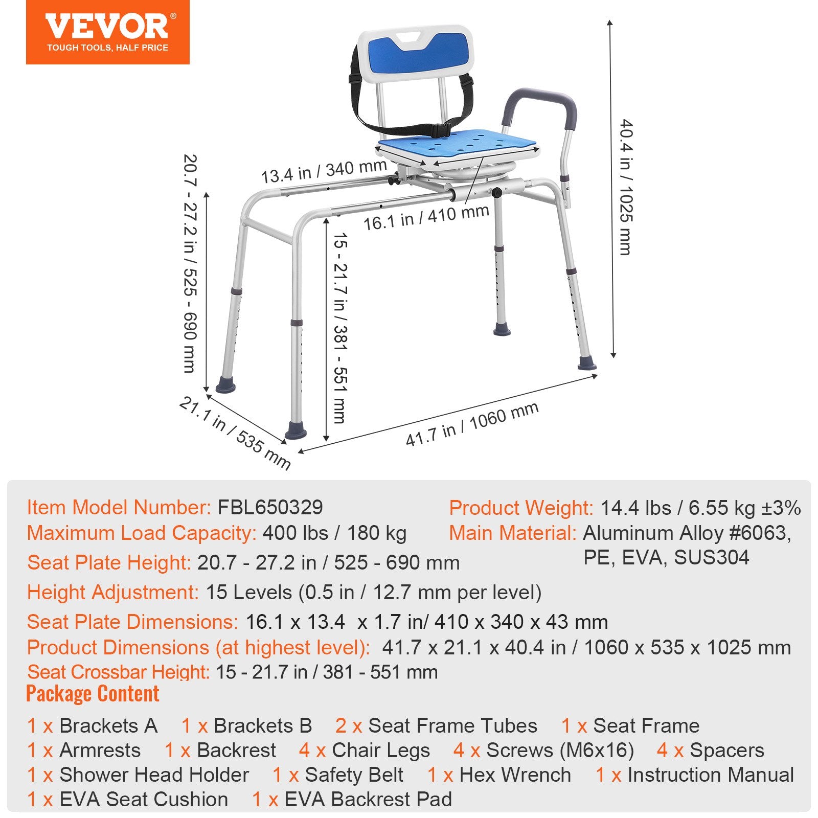 VEVOR Sliding Tub Transfer Bench with 360 Degree Swivel Seat, Height Adjustable Bathtub Transfer Bench with Armrest & Safety Belt, Non-Slip Rotating Shower Chair for Elderly Disabled, 400LBS Capacity