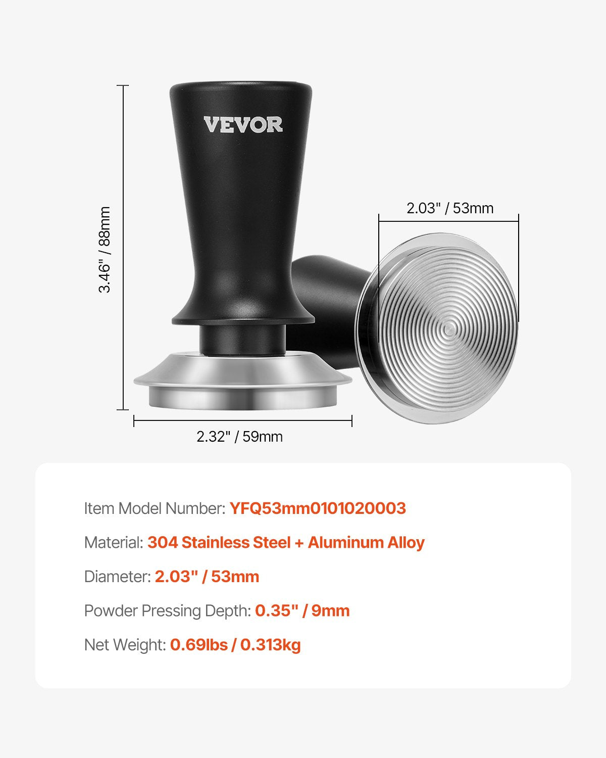 VEVOR 51mm/53mm/58mm Espresso Tamper Stainless Steel Coffee Tamper with Spring