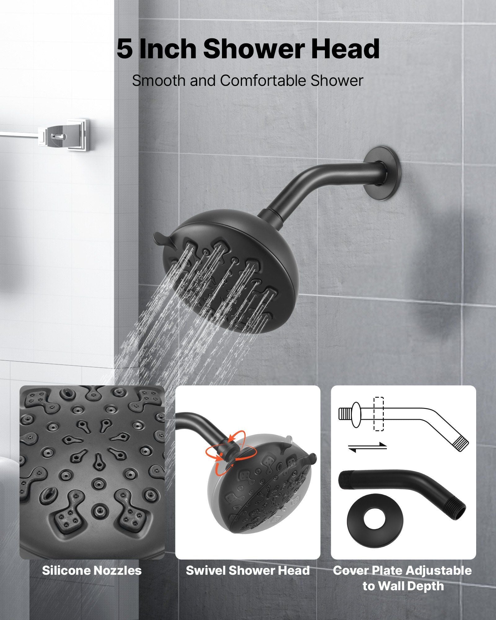 Tub and Shower Faucet Set, 127 mm Rainfall Shower Head and Bathtub Spout, Complete Single-Handle Tub Trim Kit with Brass Pressure Balancing Valve, 8-Setting Adjustable Spray Modes, Matte Black