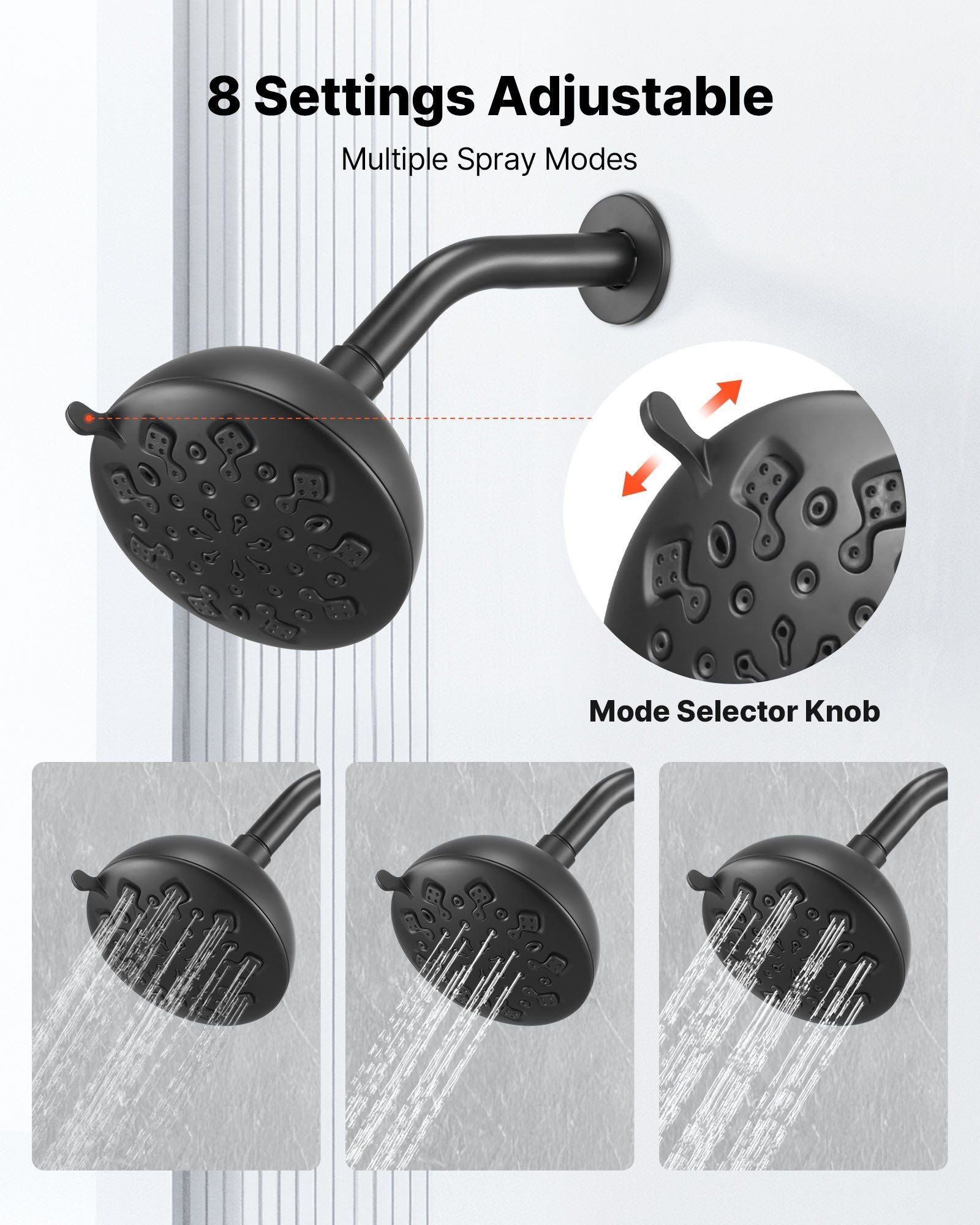 Tub and Shower Faucet Set, 127 mm Rainfall Shower Head and Bathtub Spout, Complete Single-Handle Tub Trim Kit with Brass Pressure Balancing Valve, 8-Setting Adjustable Spray Modes, Matte Black