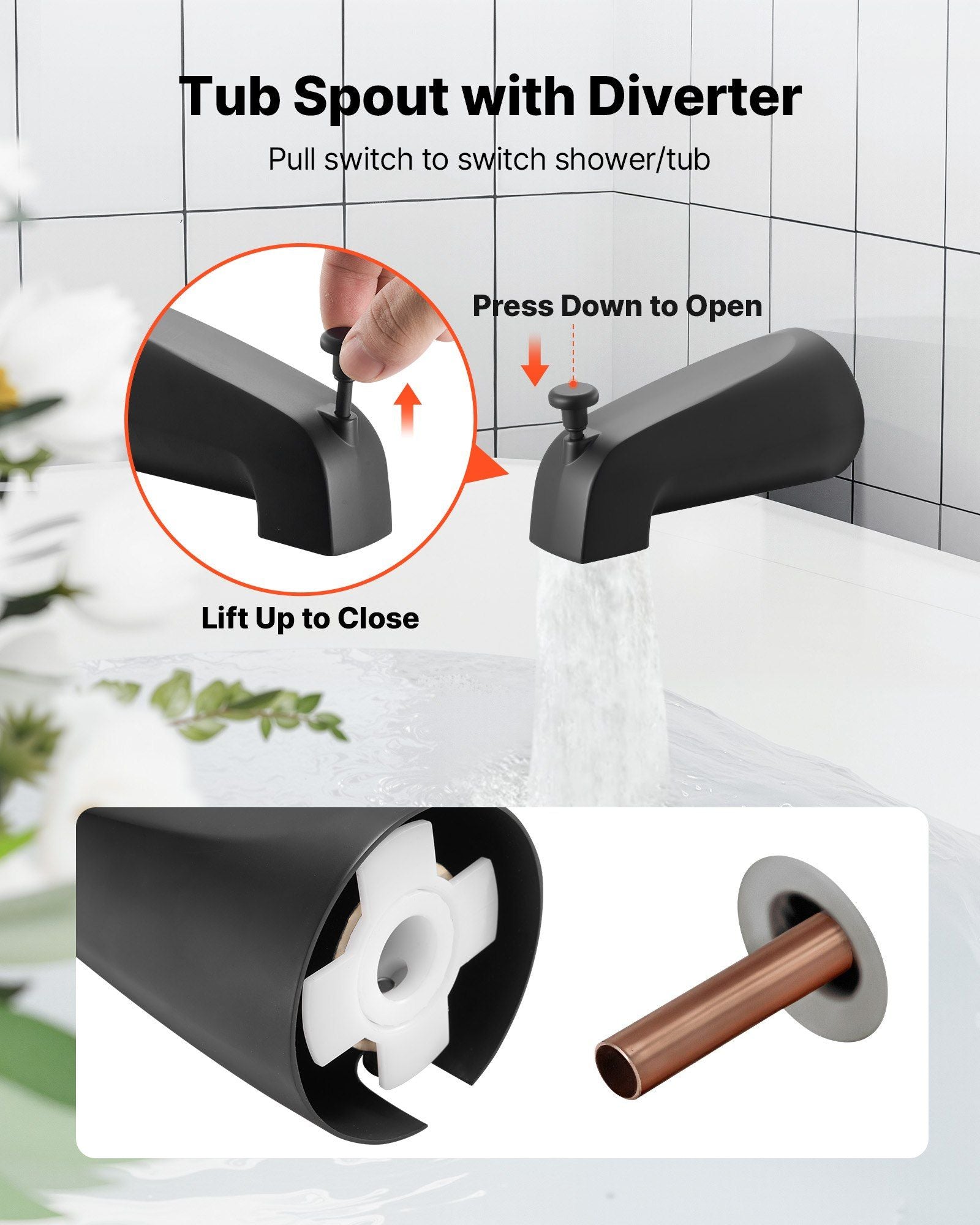 Tub and Shower Faucet Set, Complete with 127 mm Rainfall Shower Head and Bathtub Spout, 8-Setting Adjustable Spray, Single-Handle Tub Trim Kit with Brass Pressure Balancing Valve, Matte Black