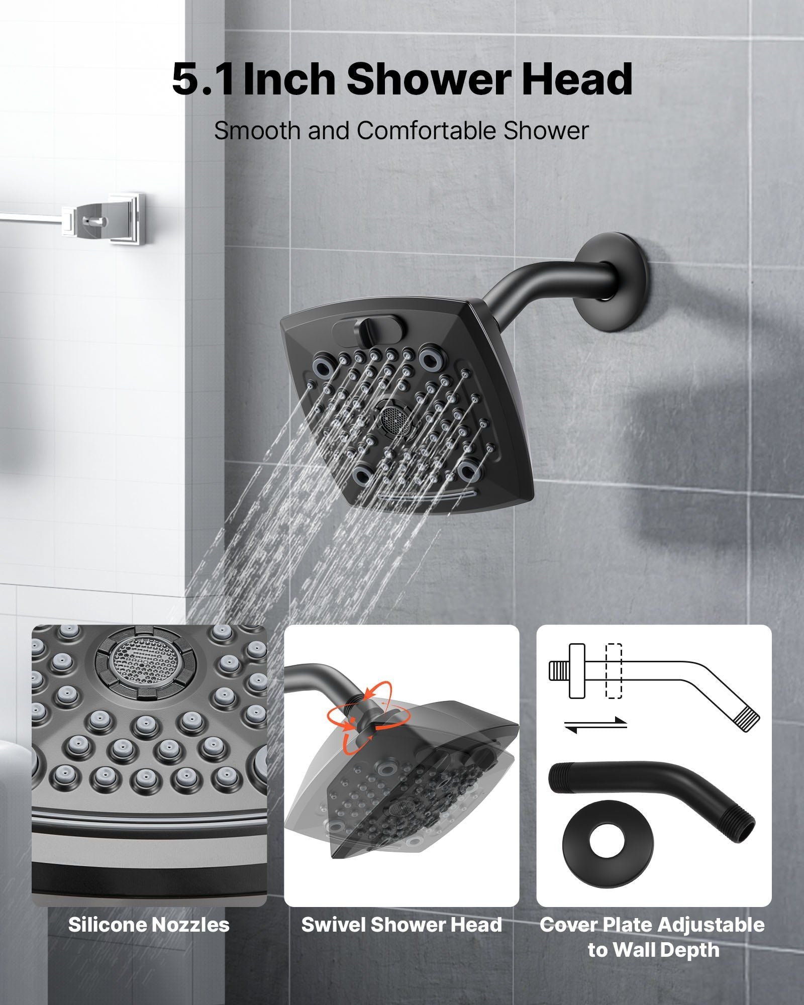 Tub and Shower Faucet Set, Complete with 130 mm Rainfall Shower Head and Bathtub Spout, 5-Setting Adjustable Spray, Single-Handle Tub Trim Kit with Brass Pressure Balancing Valve, Matte Black