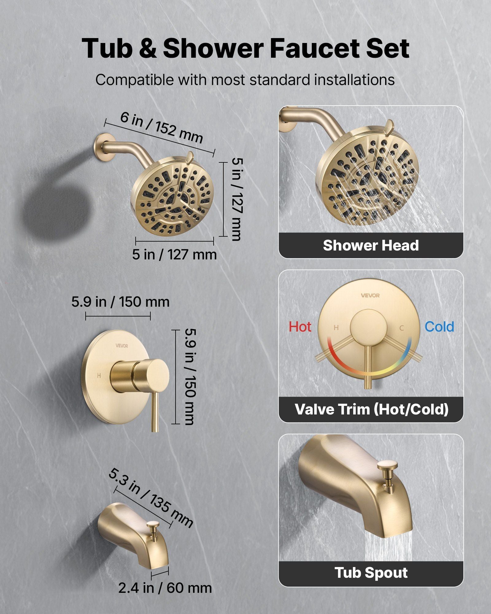 Tub and Shower Faucet Set, Complete with 127 mm Rainfall Shower Head and Bathtub Spout, 8-Setting Adjustable Spray, Single-Handle Tub Trim Kit with Brass Pressure Balancing Valve, Gold Finish