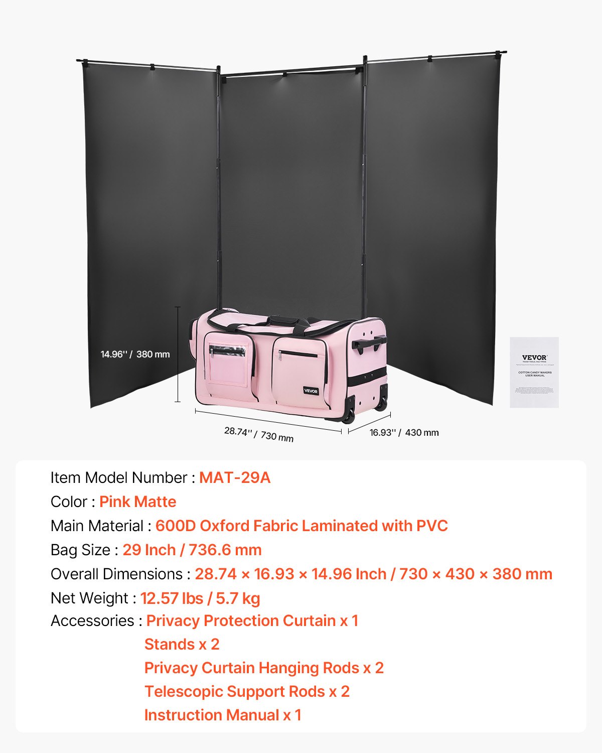 VEVOR Dance Bag with Garment Rack, 736.6 mm Rolling Dance Duffel, with Wheels, USB Port, Height Adjustable Clothes Rack, Privacy Protection Curtain, Ideal for Travel and Competitions, Matte Pink