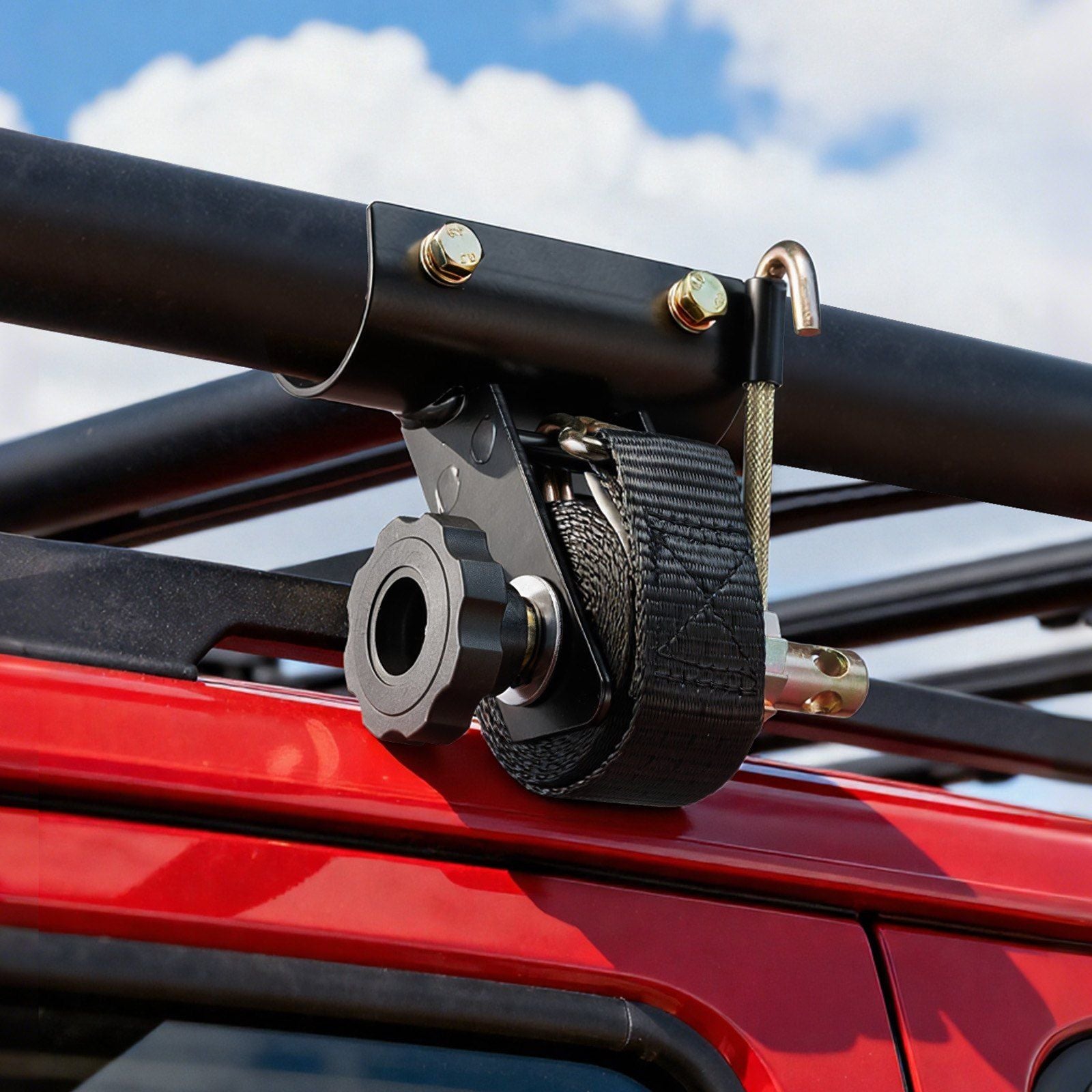 Ladder Rack Ratchet Straps, 47.6-50.8 mm Black Round Tube Mount, 38 mm Wide x 2.25 m Long Black Ladder Rack Straps with Double J-Hooks, 226.8 kg Load Heavy Duty, Cargo Buckle Lock Strap (2 Pack)