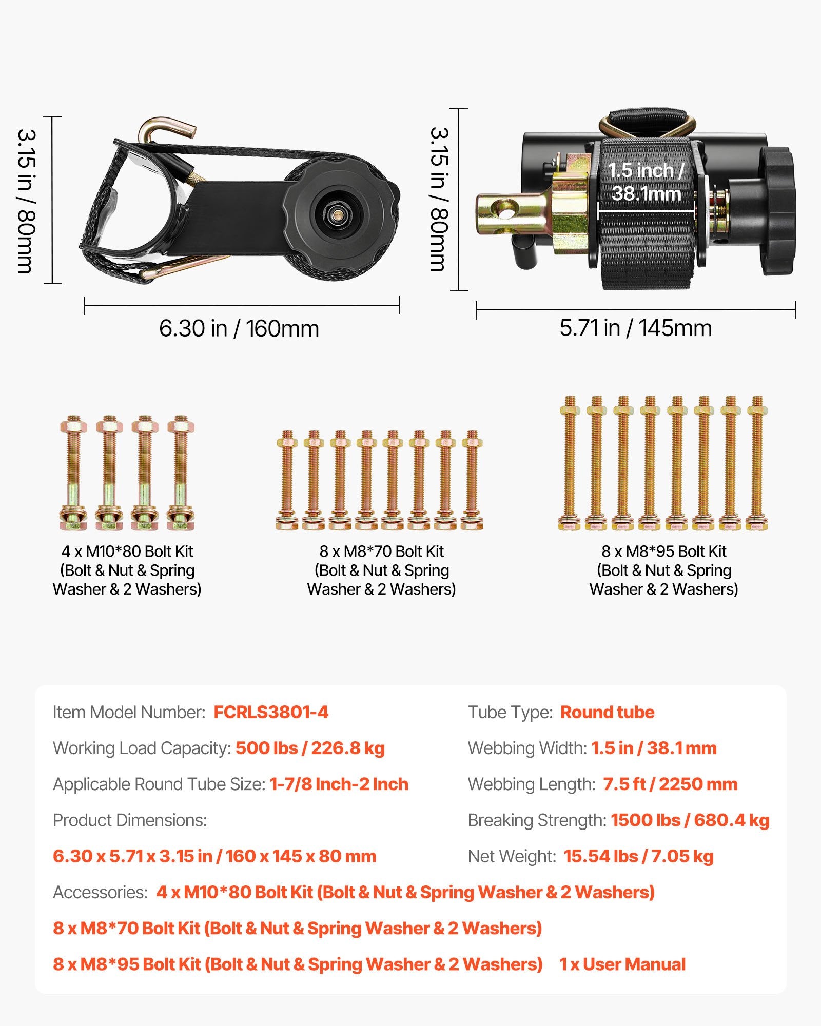 VEVOR Ladder Rack Ratchet Straps, 47.6-50.8 mm Black Round Tube Mount, 38 mm Wide x 2.25 m Long Black Ladder Rack Straps with Double J-Hooks, 226.8 kg Load Heavy Duty, Cargo Buckle Lock Strap (4 Pack)