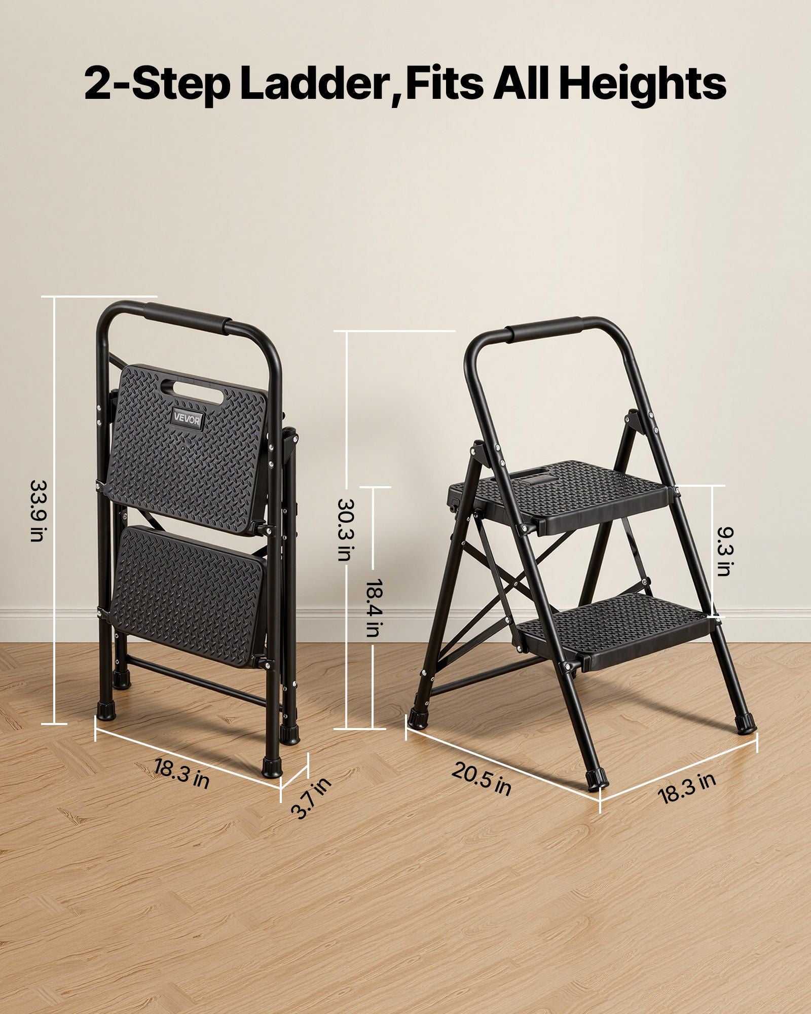 2 Step Ladder, Folding Step Stool with Wide Anti-Slip Pedal and Comfort Handgrip, Lightweight 272 kg Capacity Portable Steel Ladder, Multi-Use for Kitchen, Home, Household and Office, Black