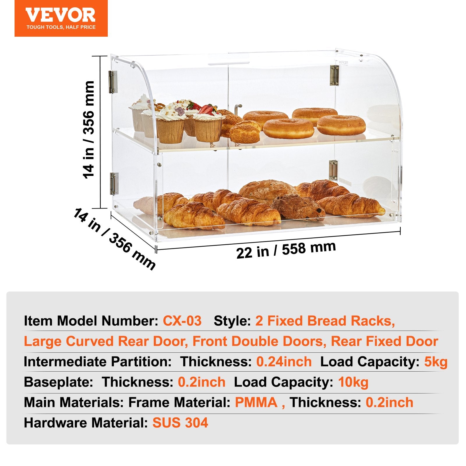 VEVOR Pastry Display Case, 2-Tier Commercial Countertop Bakery Display Case, Acrylic Display Box with Rear Door Access & Removable Shelves, Keep Fresh for Donut Bagels Cake Cookie