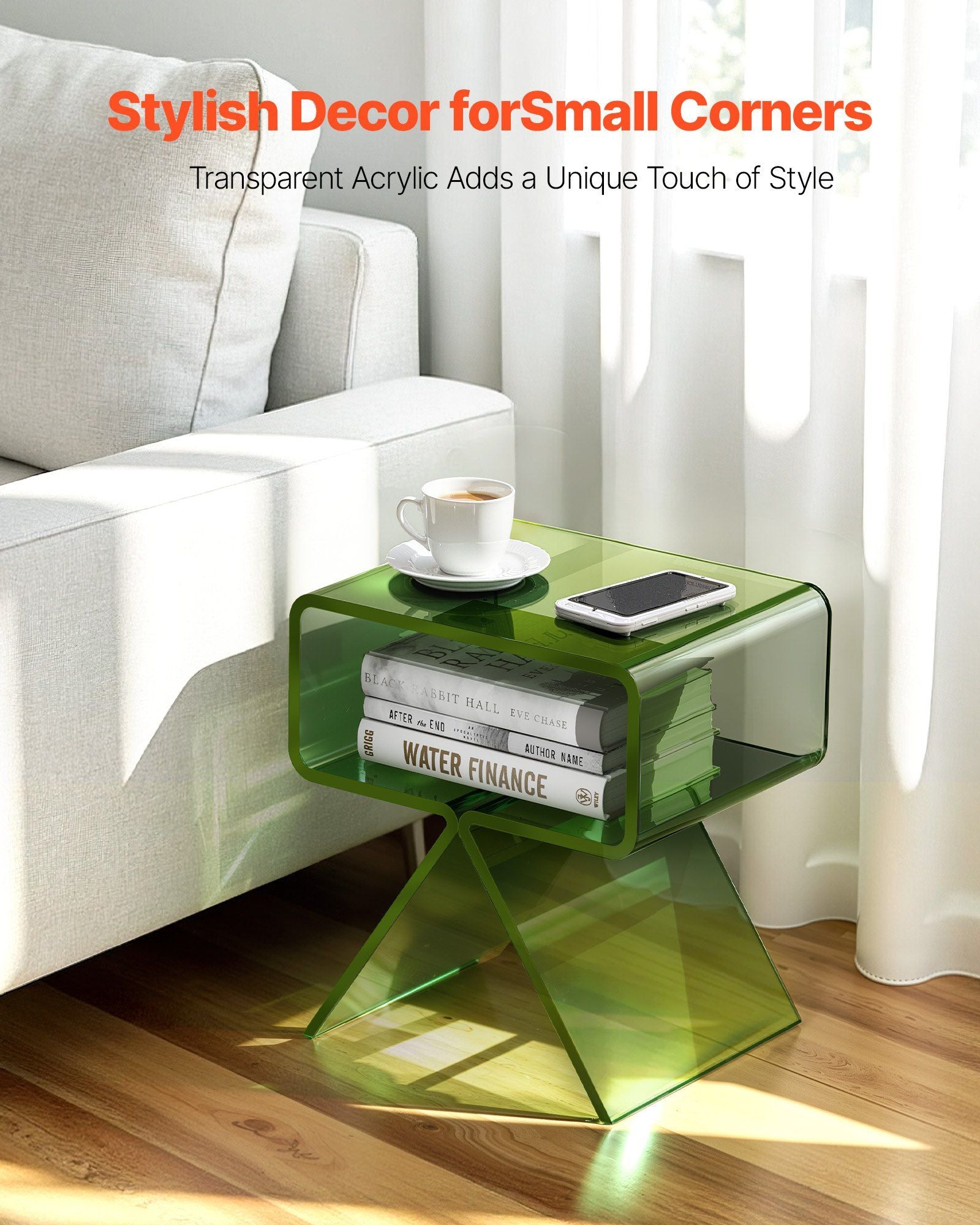 Acrylic Nightstand Side Table, Modern Clear Bedside Table with Storage Shelf, Transparent Small End Desk for Living Room, Bedroom, Home Decor, No Assembly Needed, 30 x 39.1 x 43 cm (Green)
