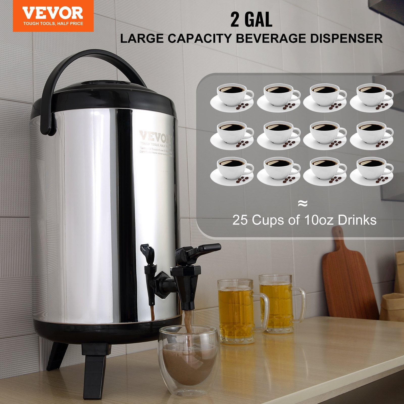 VEVOR Stainless Steel Insulated Beverage Dispenser, 7.6 Liter, Thermal Hot and Cold Drink Server Dispenser with Spigot Handle, Food-grade for Hot Tea Coffee Water Restaurant Drink Shop