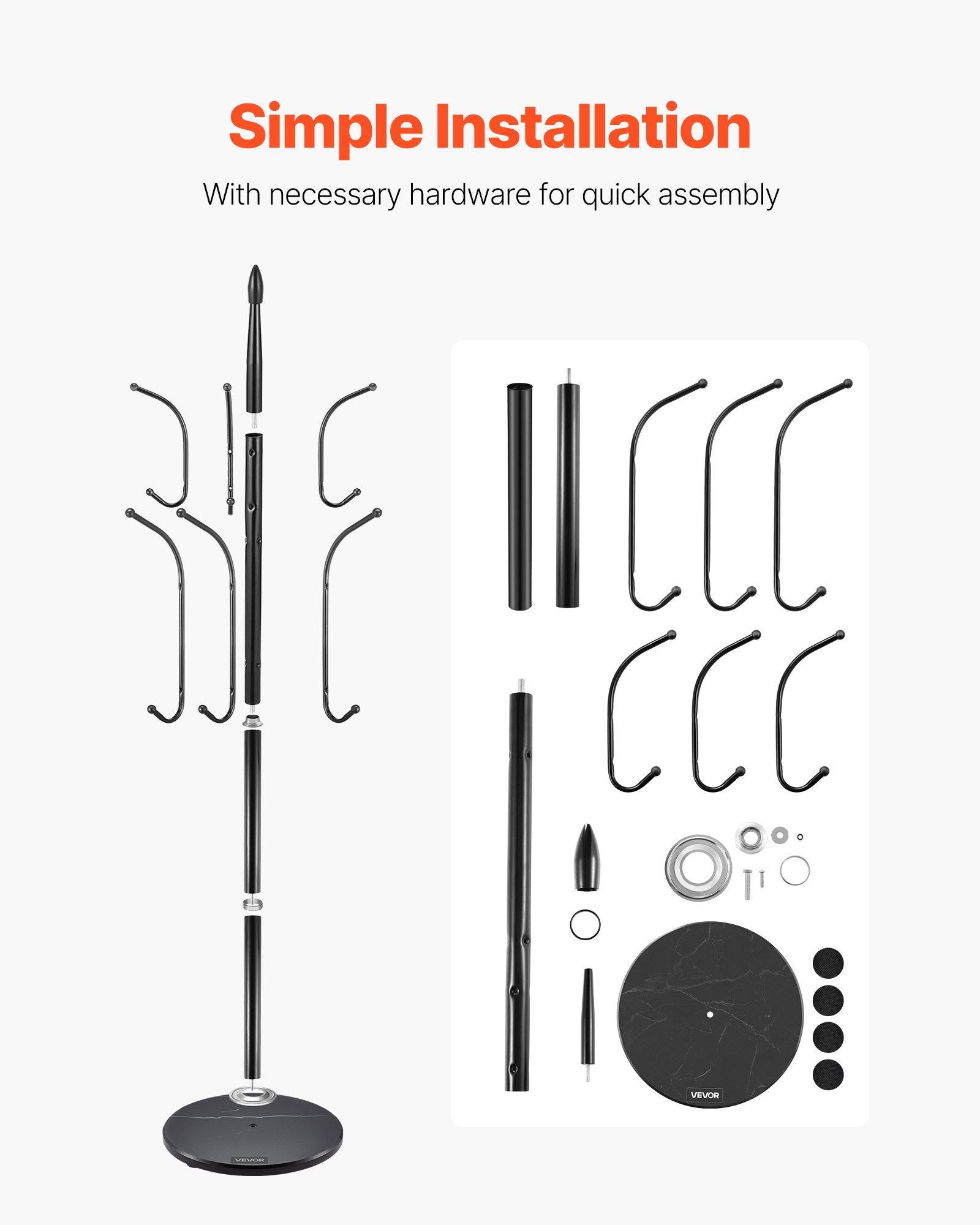 Coat Rack Freestanding, Coats Tree Stand with Stable Marble Base & 6 Hooks, Free Standing Hall Coat Rack for Entryway, Bedroom, Office, Living Room, Modern Clothes Hanger for Coats, Hats, Bags