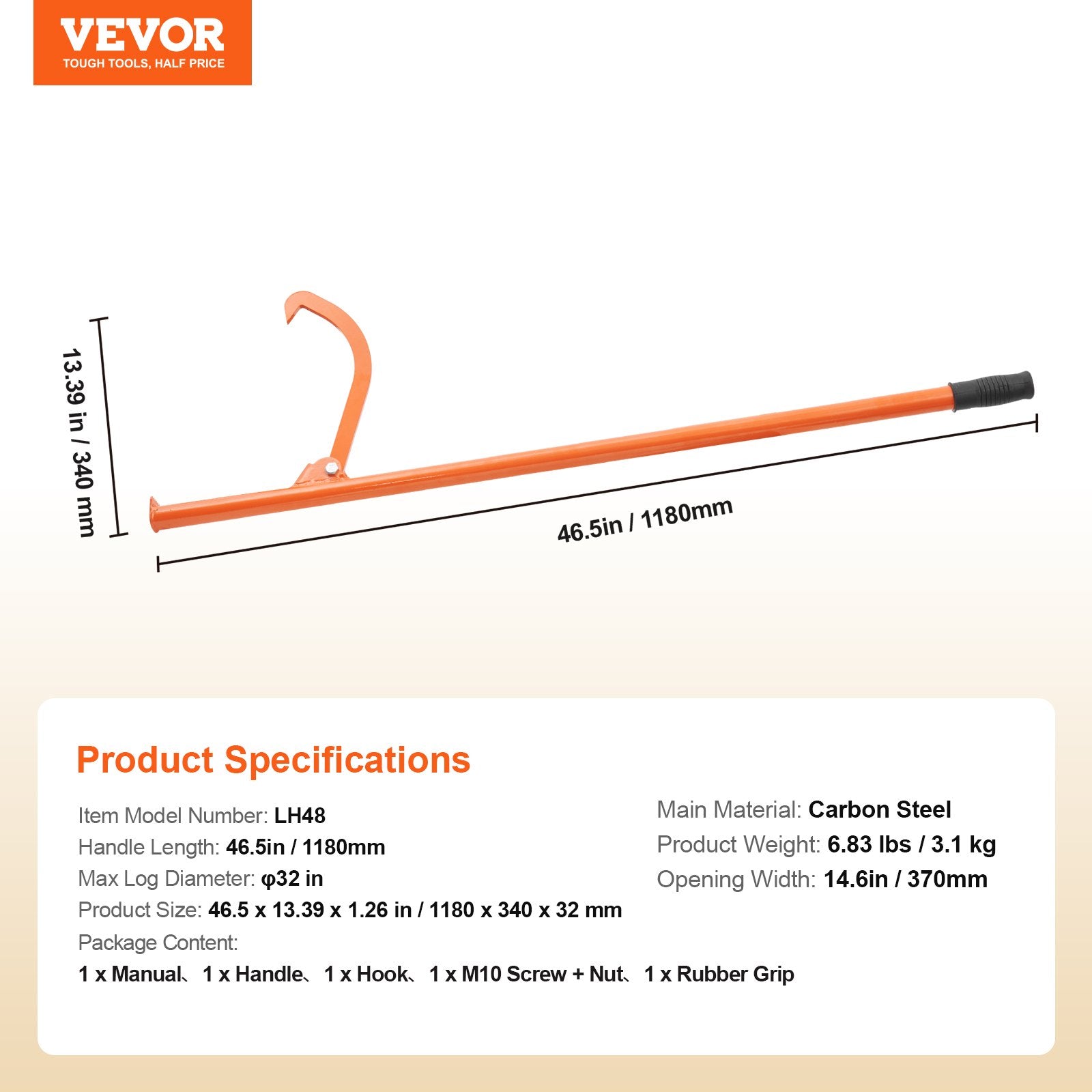 VEVOR Cant Hook Tool, 46.5 in, Heavy Duty Steel Log Roller, Log Lifter Timber Jack 32" Dia Logs, Forestry Logging Tools, Dual Function Log Handler for Rolling and Clamping Logs