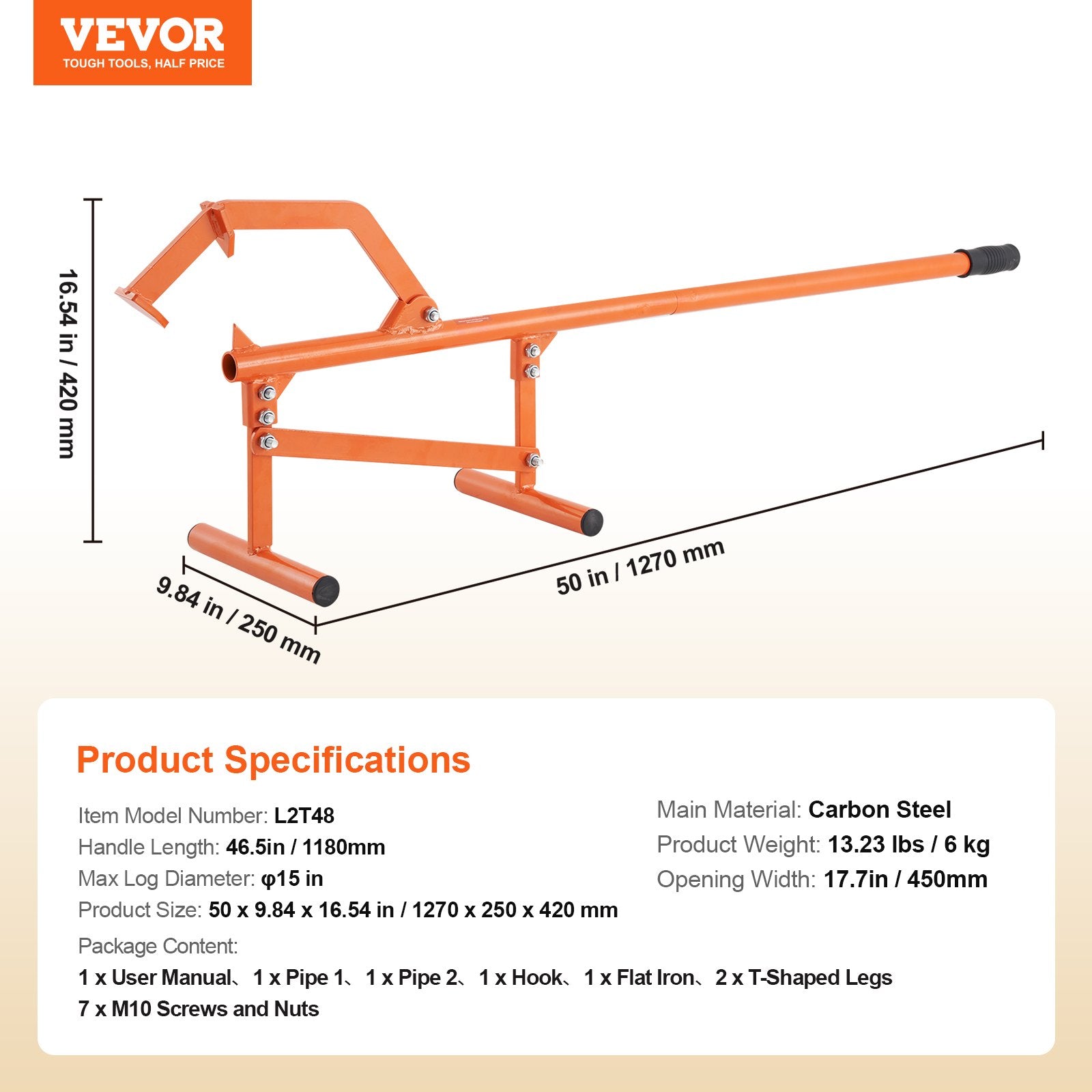 VEVOR Timberjack, 46.5 in, Heavy Duty Steel Log Lifter, Log Roller with Adjustable Cant Hook, Logging Tools Log Jack for Logs Ups to 15" Dia, Timber Jack for Rolling Cutting Lifting Logs