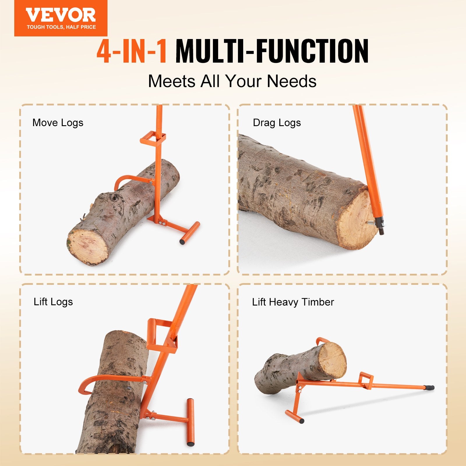 VEVOR Timberjack, 46.5 in, 4 in 1 Heavy Duty Steel Log Lifter, Multifunctional Log Roller Adjustable Cant Hook, Logging Tools Log Jack, Forestry Multitool for Rolling Cutting Lifting Logs