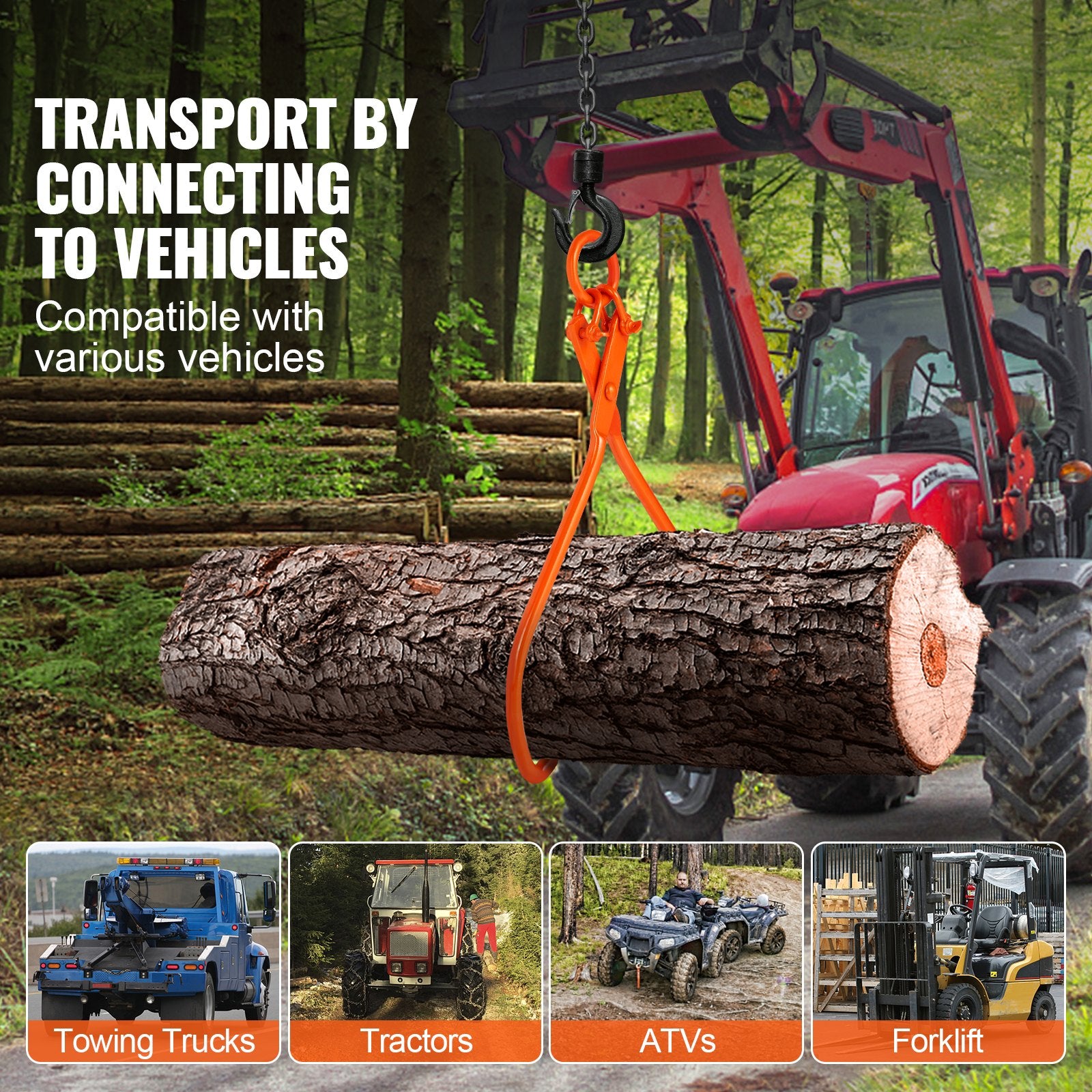 VEVOR Log Skidding Tongs, 81.3cm 2 Claw Log Lifting Tongs, Heavy Duty Steel Lumber Skidding Tongs, 700 kg Loading Capacity, Log Lifting, Handling, Dragging & Carrying Tool