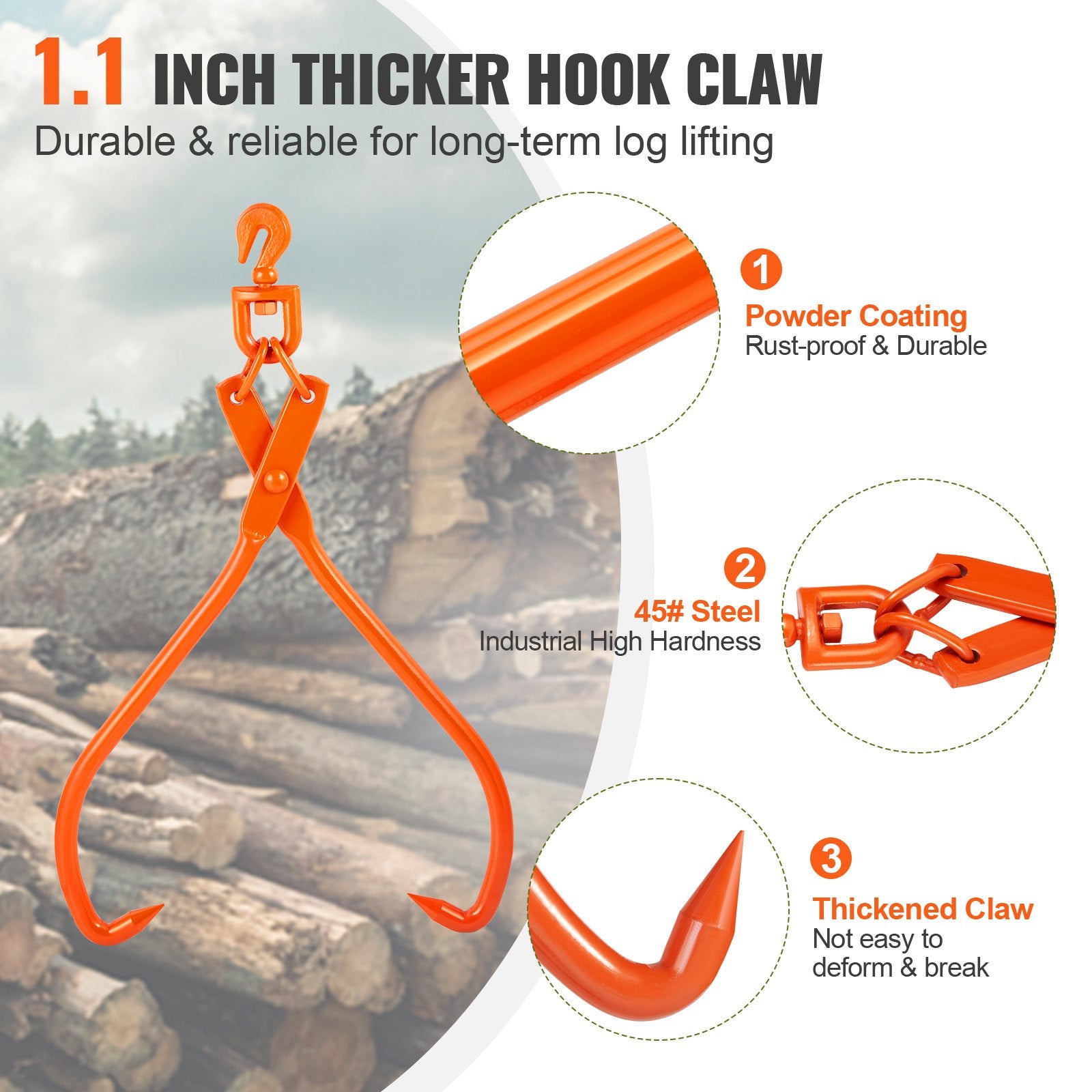 VEVOR Log Skidding Tongs, 81.3cm 2 Claw Log Lifting Tongs, Heavy Duty Rotating Steel Lumber Skidding Tongs, 700 kg Loading Capacity, Log Lifting, Handling, Dragging & Carrying Tool