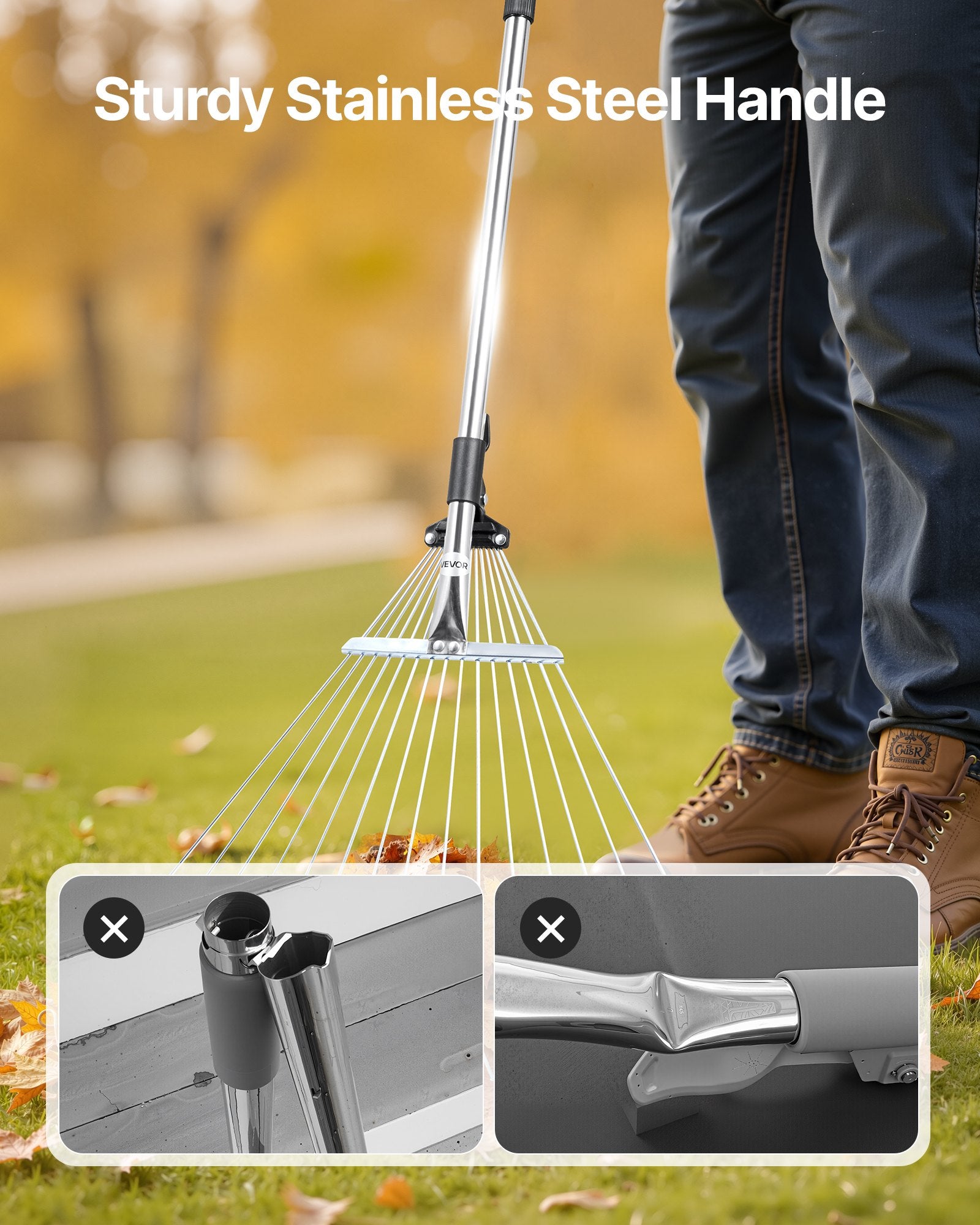 VEVOR Leaf Rake, 15 Metal Tines, Adjustable Garden Rake for Lawns with 19-57 cm Wide Head and 81.3-160 cm Long Handle, Heavy Duty Stainless Steel Small Leaves Tool for Gardening Camping Yard Grass